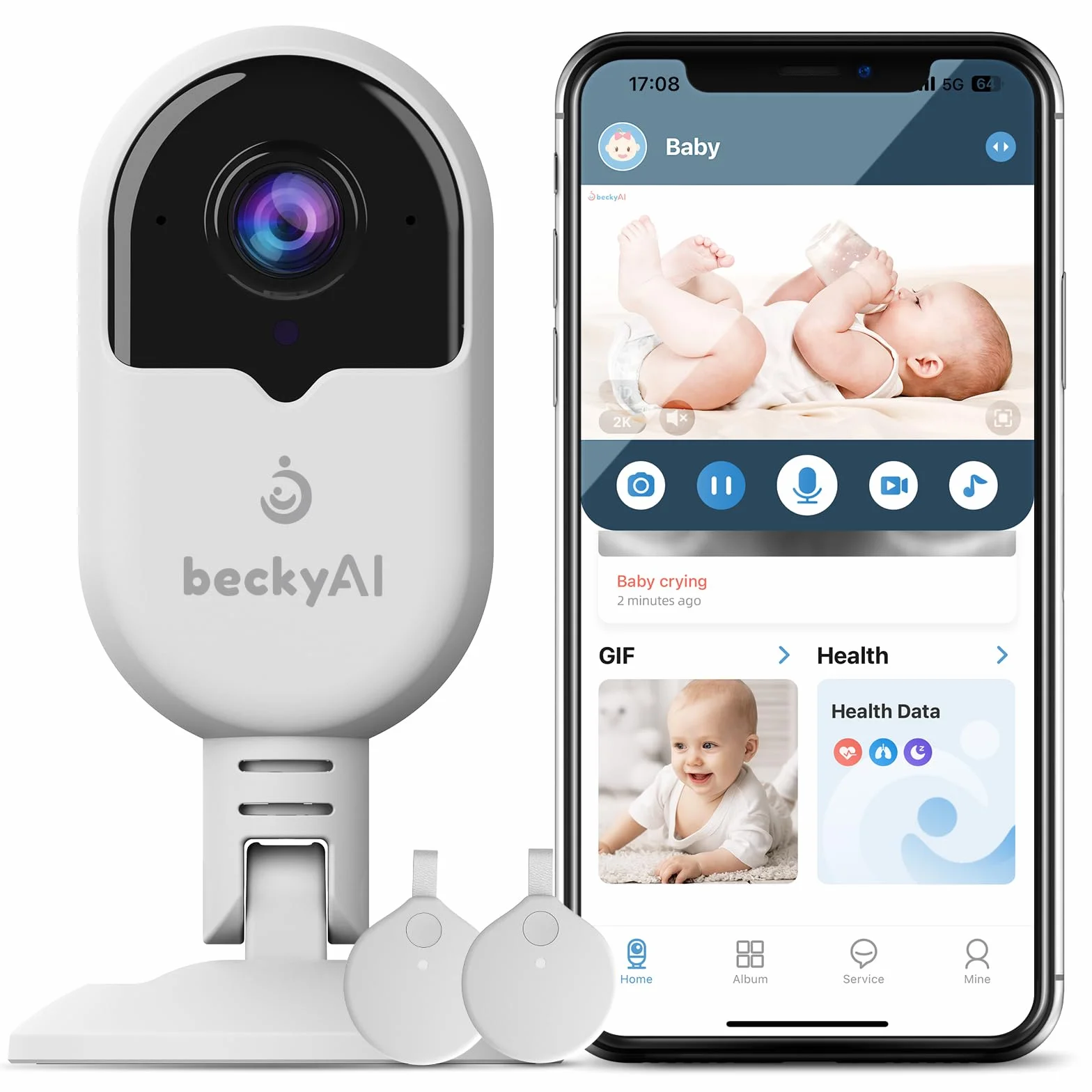 Becky Ai Intelligente Baby Monitor, Monitoraggio Respiratorio, Analisi del Sonno, Allarme di Sicurezza per Soffocamento, Visione notturna 2K HD, Condivisione di Dati Criptati, Android/IOS Compatibili