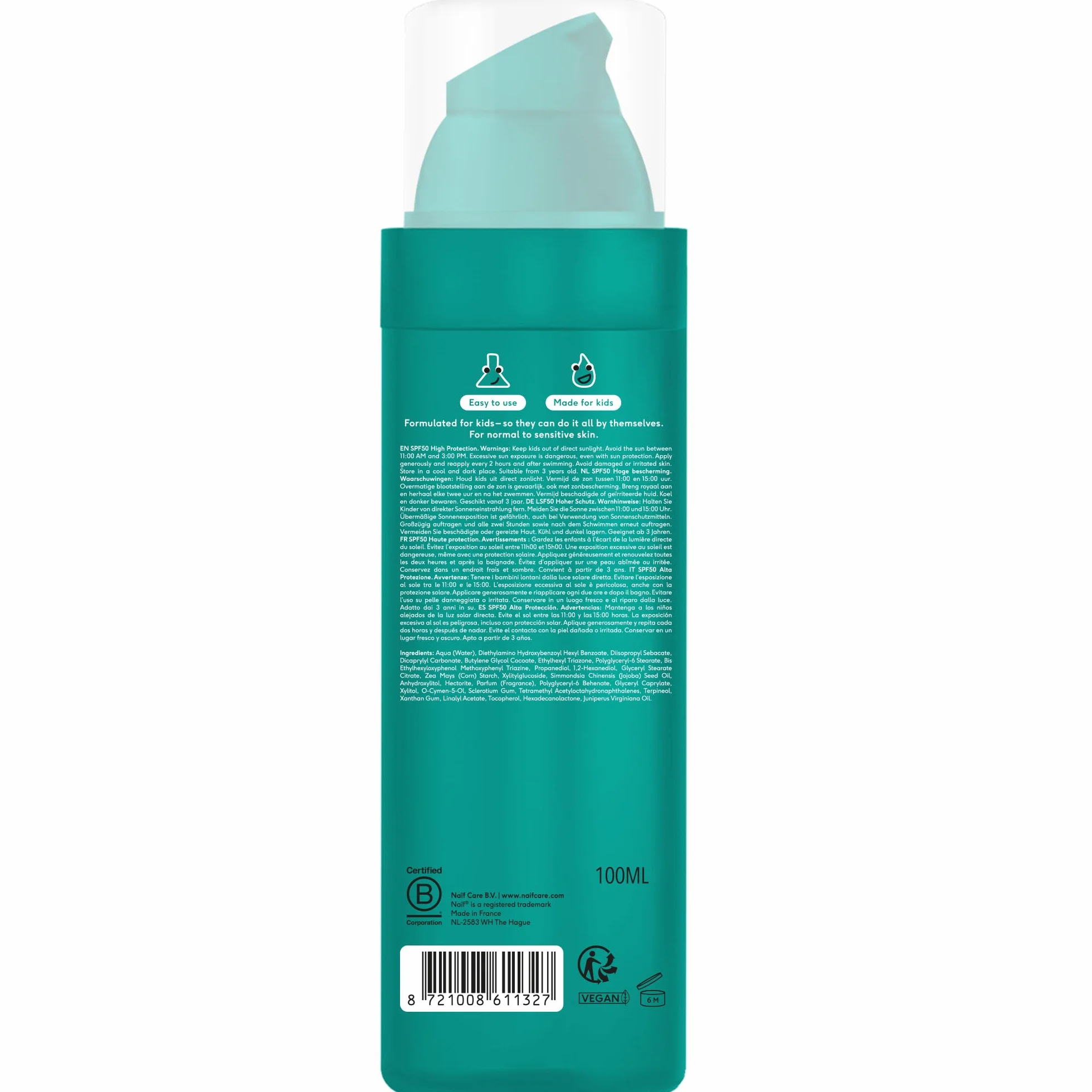 Naïf - Lozione solare per bambini - SPF 50 - Dai 3 anni - Protezione UVA e UVB - Resistente all'acqua - Dermatologicamente testato - Senza microplastiche - Profumato - 100 ml