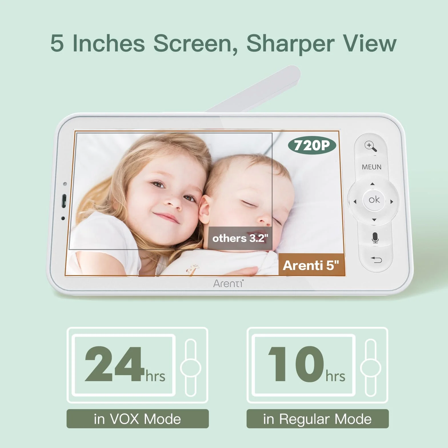 ARENTI Baby Monitor con 2 Telecamere Wifi, Telecamera Bambini con Monitor 5'', Rilevamento Intelligente, Audio Bidirezionale, Promemoria di Allattamento, Sensore di Temperatura