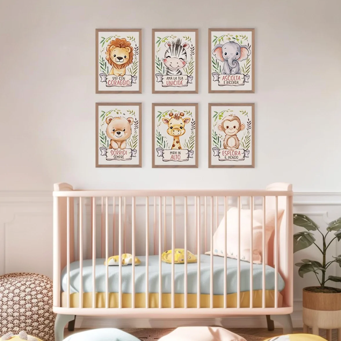 Set 6 poster animali decorativi per la cameretta dei bambini, quadri con simpatici e dolci animali e frasi motivazionali per bambino bambina, decorazioni formato A4. In italiano. Cornici non incluse