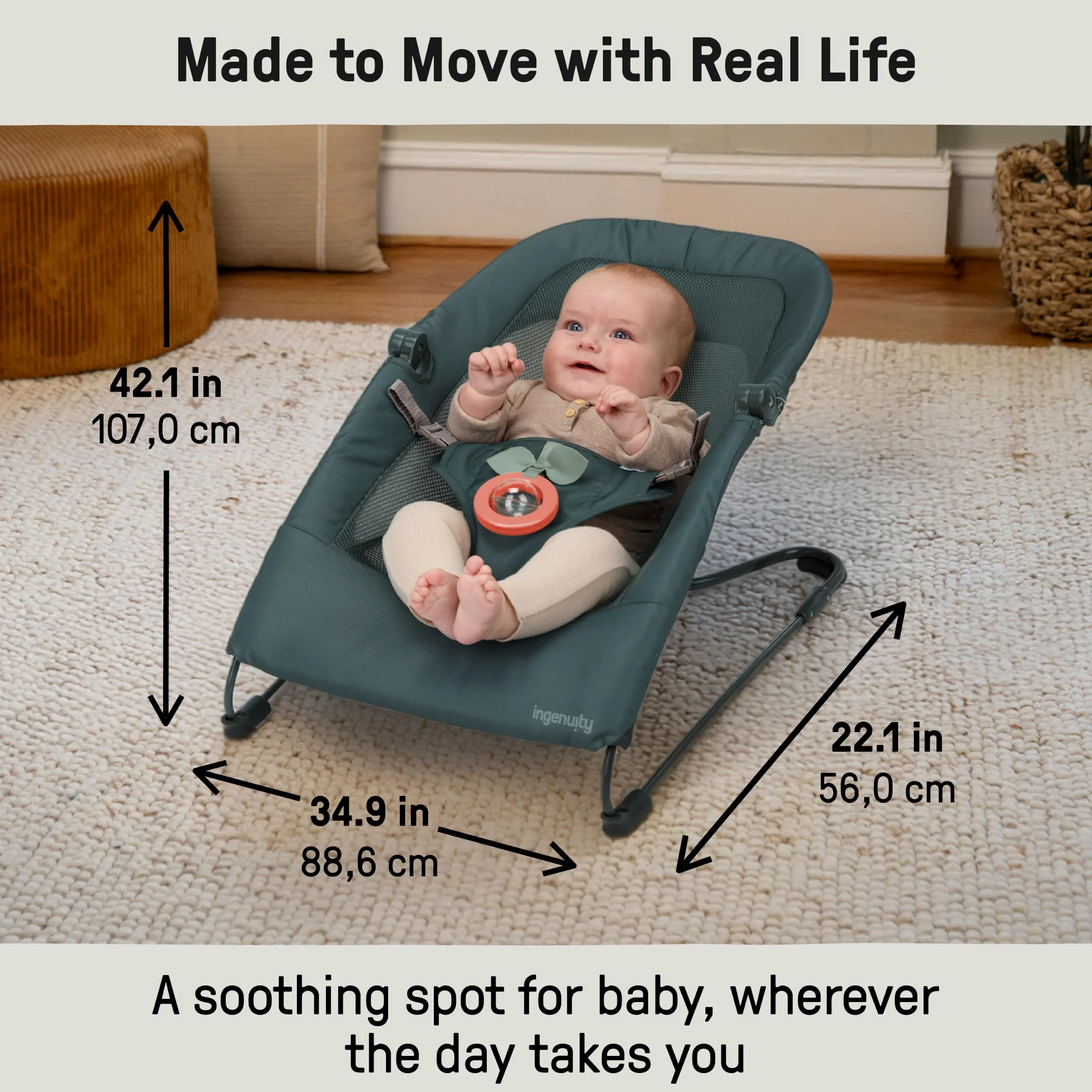 Ingenuity Stow & Go Dondolo per Bebè Pieghevole Compatto, Seggiolino Portatile Leggero con Vibrazione e Giocattolo, Verde, Meno di 5 lbs