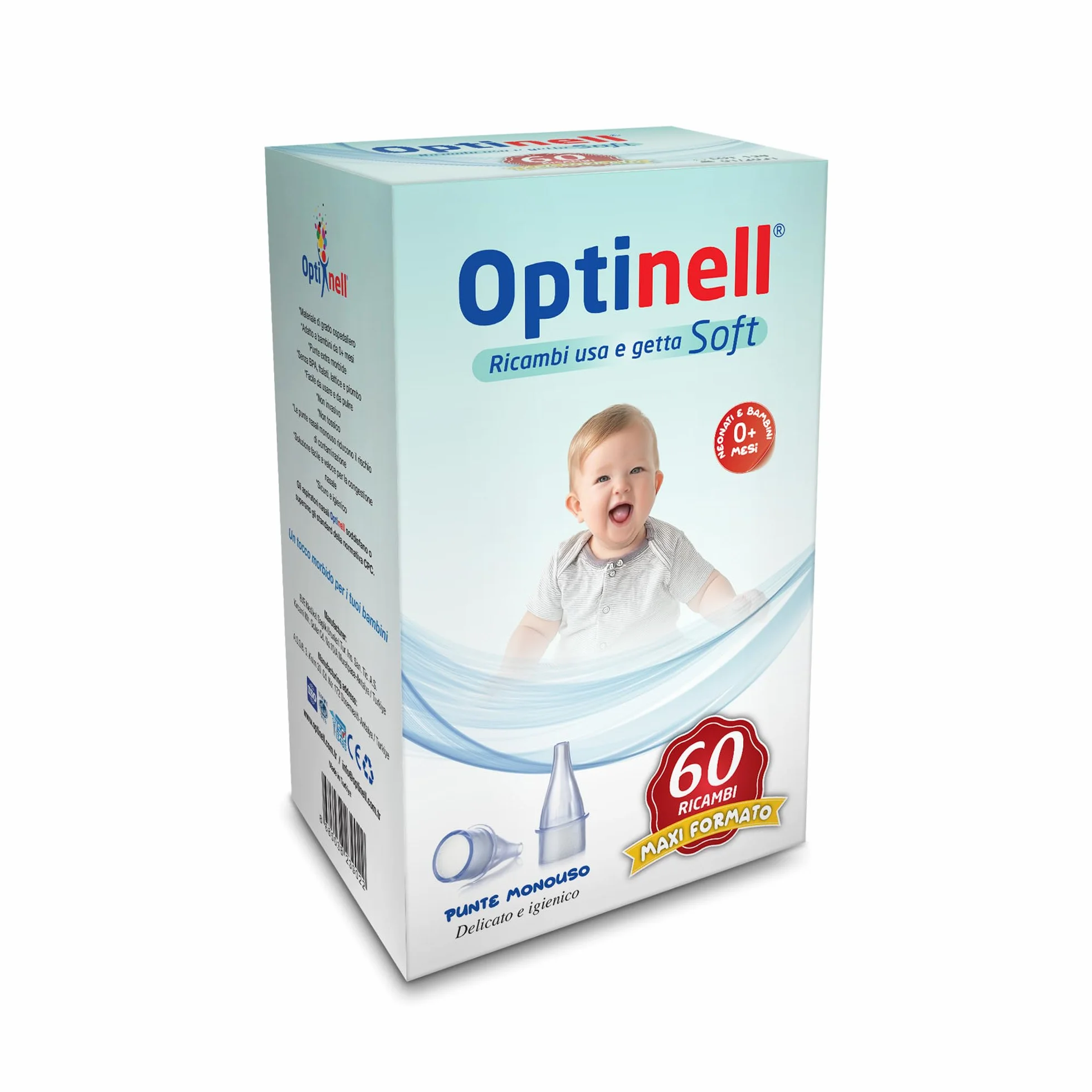 Optinell 60 Ricambi Morbidi per Aspiratore Nasale Neonato e Bambini – Beccucci Usa e Getta con Filtro Igienico per Aspiramuco – Extra Soft Tips, Igiene Nasale e Lavaggi Nasali (60 Pezzi, 60, unità)