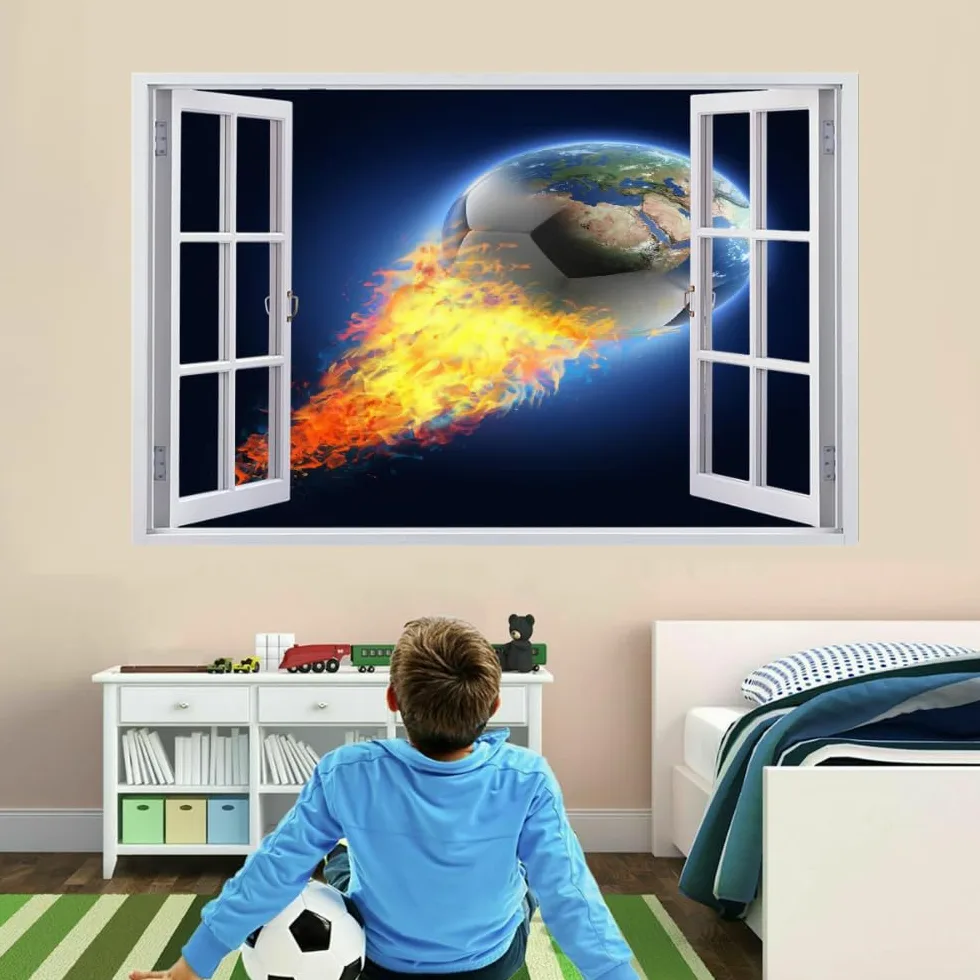 Adesivi 3D Per Decorazioni Murali Distrutti Calcio Adesivo Da Parete Fuoco Astratto Tatuaggio Da Parete Per La Decorazione Della Parete Della Cameretta Dei Bambini 120x80cm