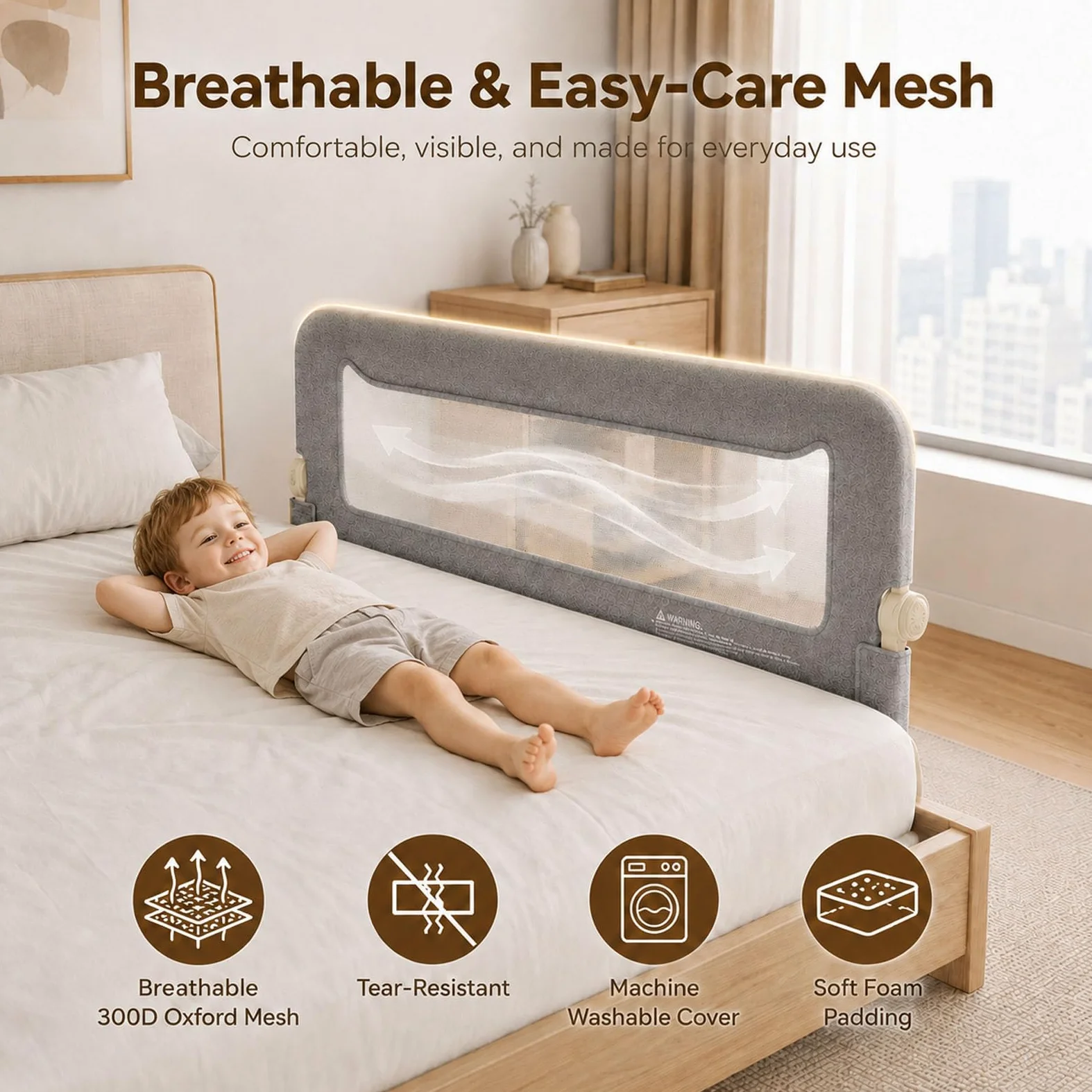 Spondina letto Bambini 150cm, anti-caduta pieghevole Sponde letto Bambini | Sbarra di sicurezza adatta a materassi 10-30cm, mesh traspirante e lavabile, montaggio senza attrezzi