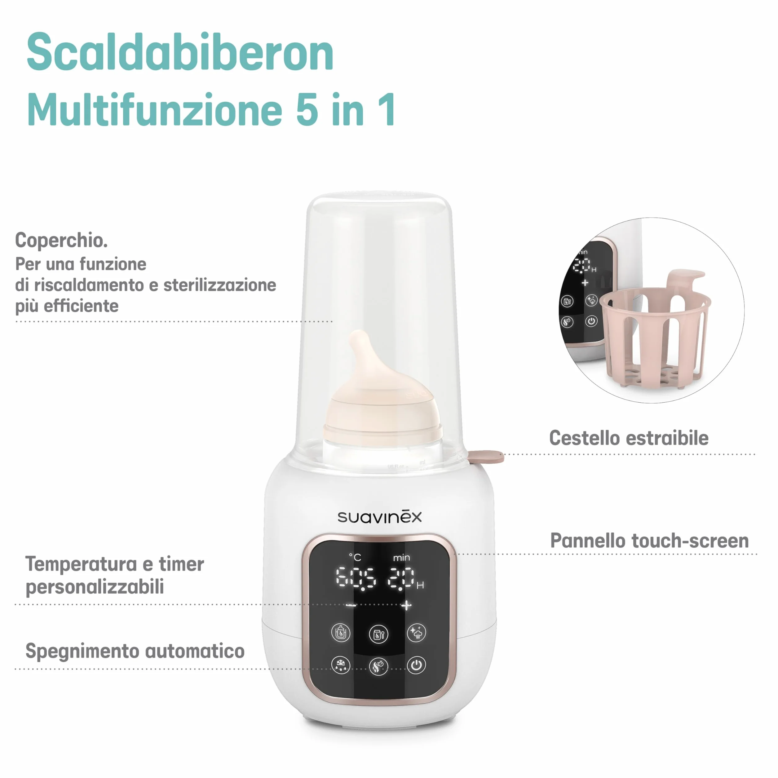 Suavinex, Scaldabiberon e Sterilizzatore 2 in 1, Sterilizza biberon e ciucci, Scalda e Scongela Biberon, Latte Materno e Omogeneizzati, con Modalità Rapida e Spegnimento Automatico, Facile da Usare