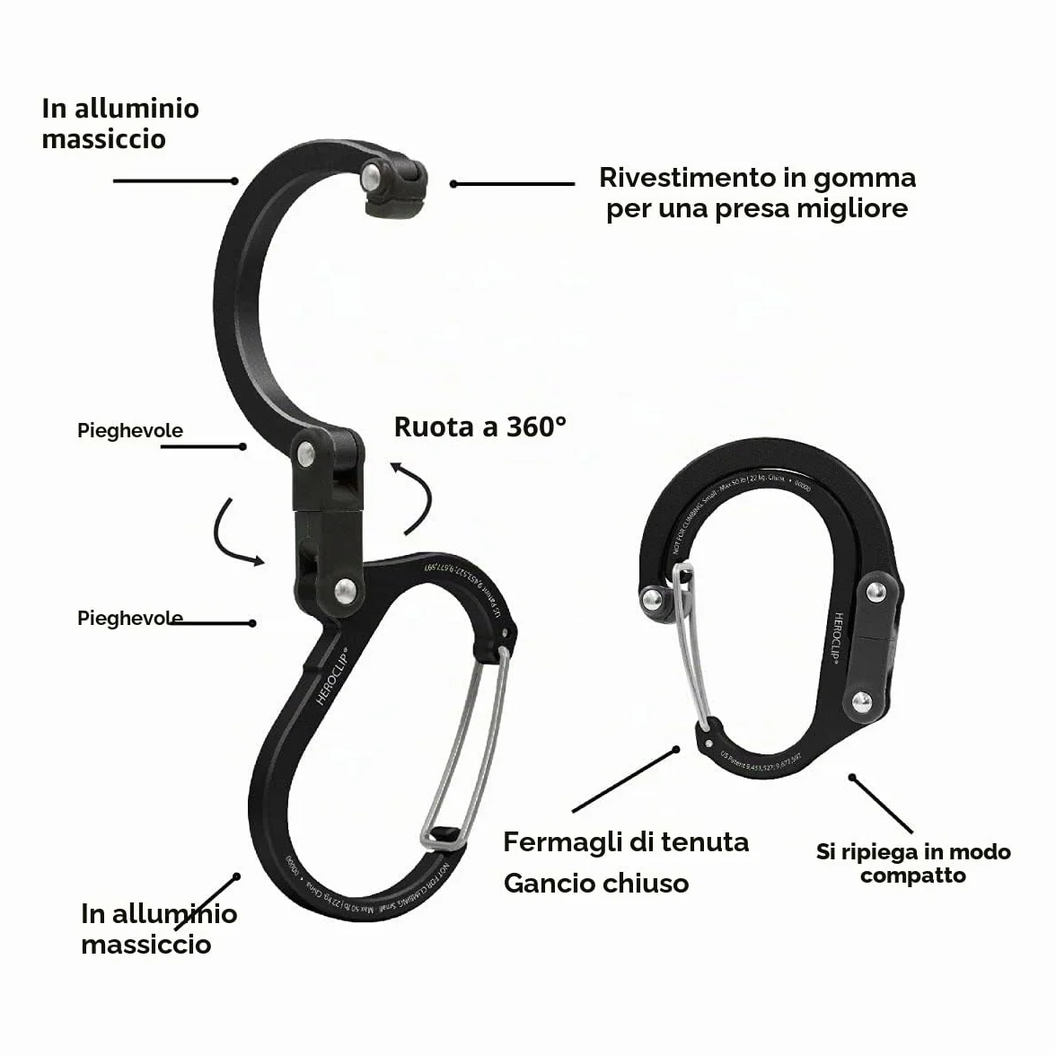 GEAR AID HEROCLIP - Moschettone con clip e gancio, borsa, borsa, zaino, gancio per passeggino, portachiavi, moschettone e gadget multifunzionale per campeggio, pesca, escursionismo o viaggi