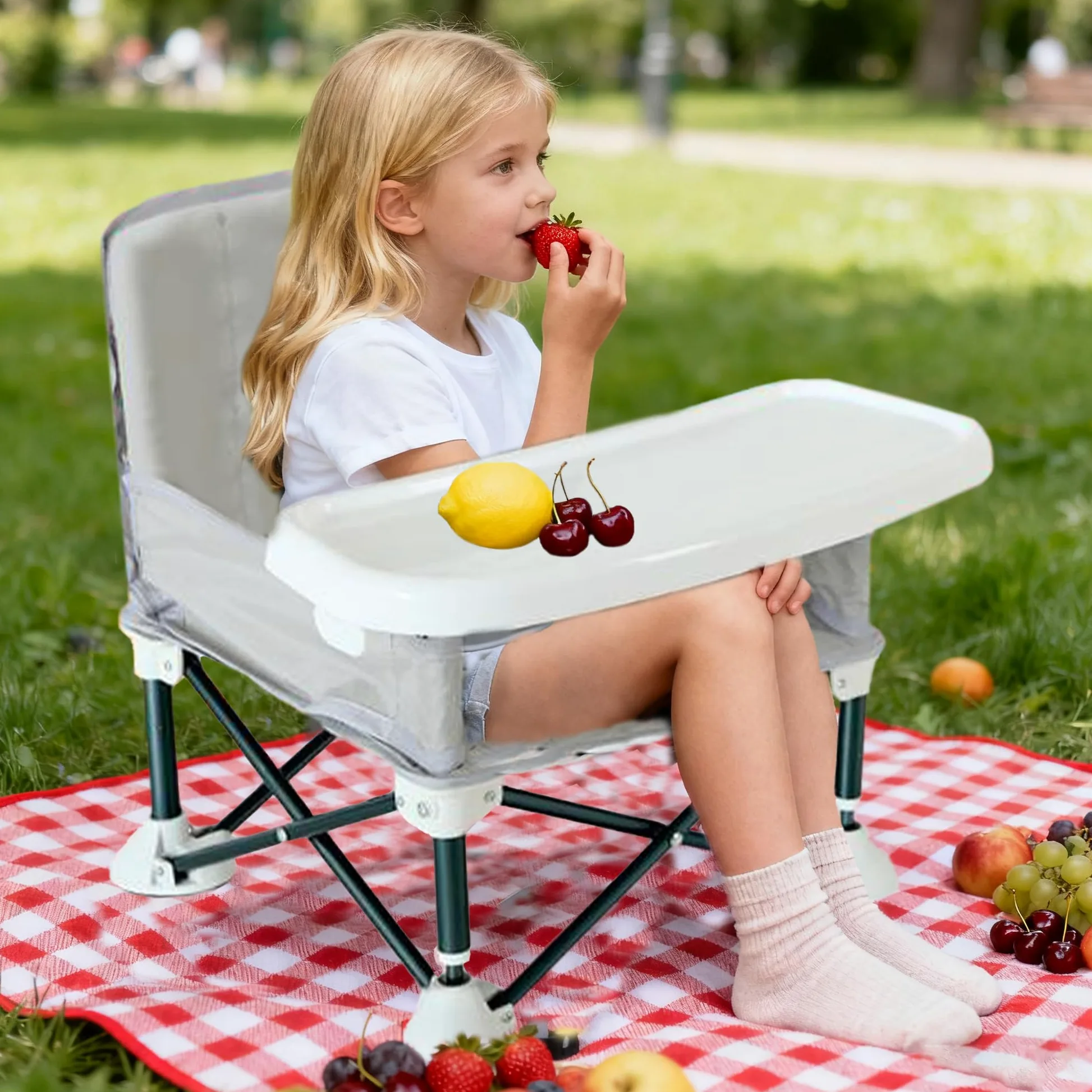 JIAMAIN - Seggiolone pieghevole per bambini, con cinturino regolabile e vassoio rimovibile, seggiolino portatile per l'alimentazione del bambino (grigio)
