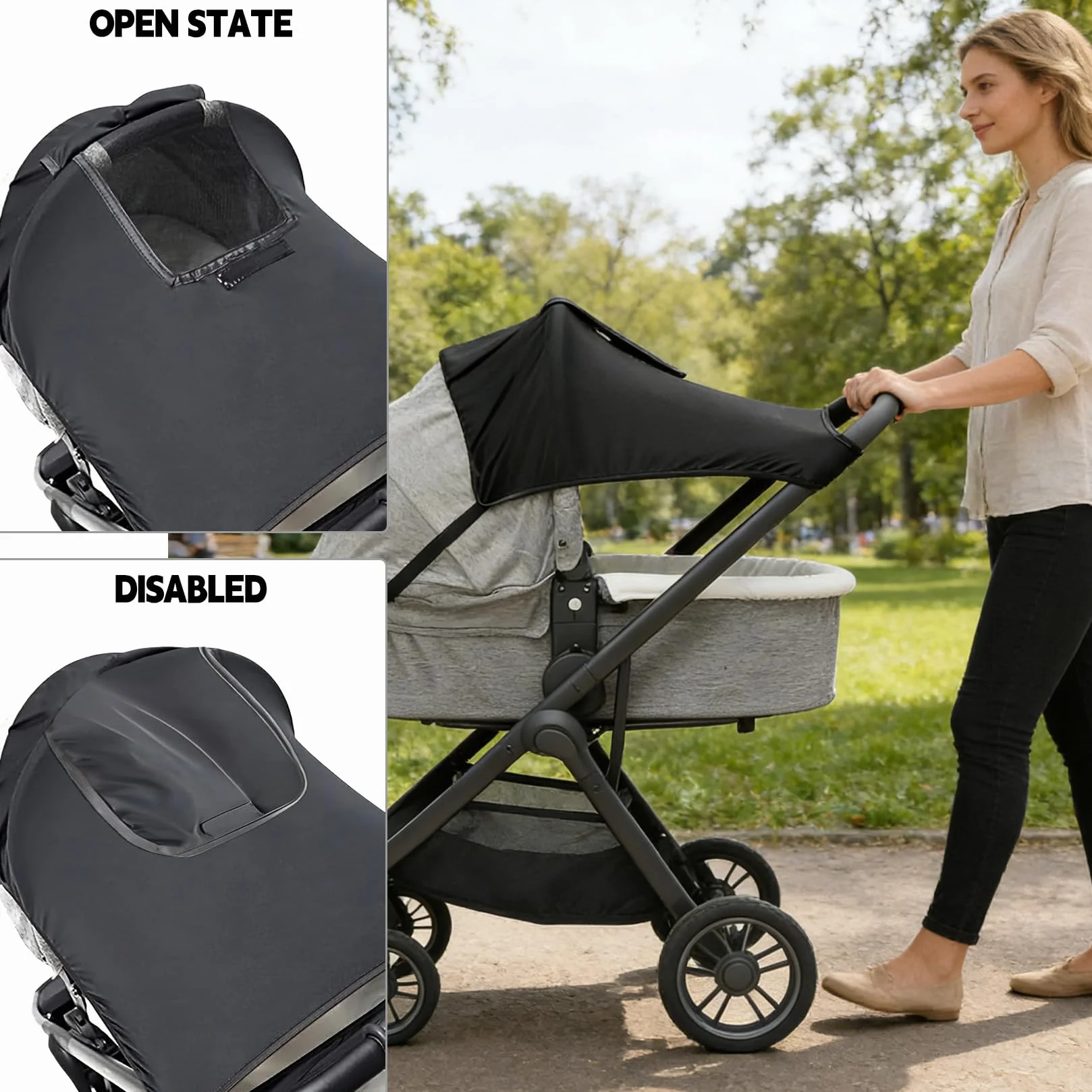 Parasole per passeggino con finestra, impermeabile, regolabile, universale, con protezione UV (nero)