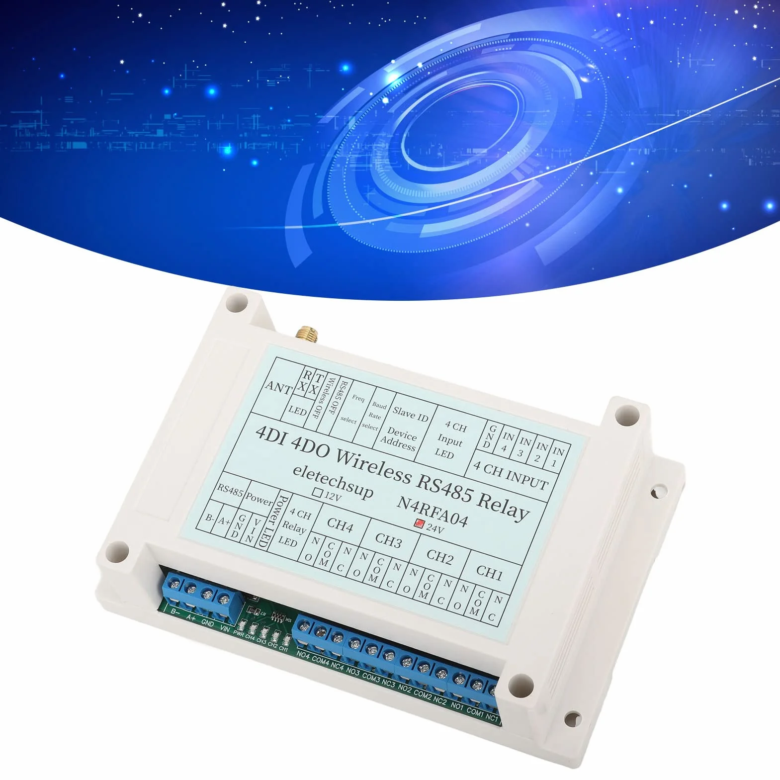 Modulo Relè Wireless con 4 Ingressi/uscite, Ricevitore Trasmettitore RS485,Inclusa - Controlla Facilmente I Tuoi Dispositivi da Remoto(24 V)