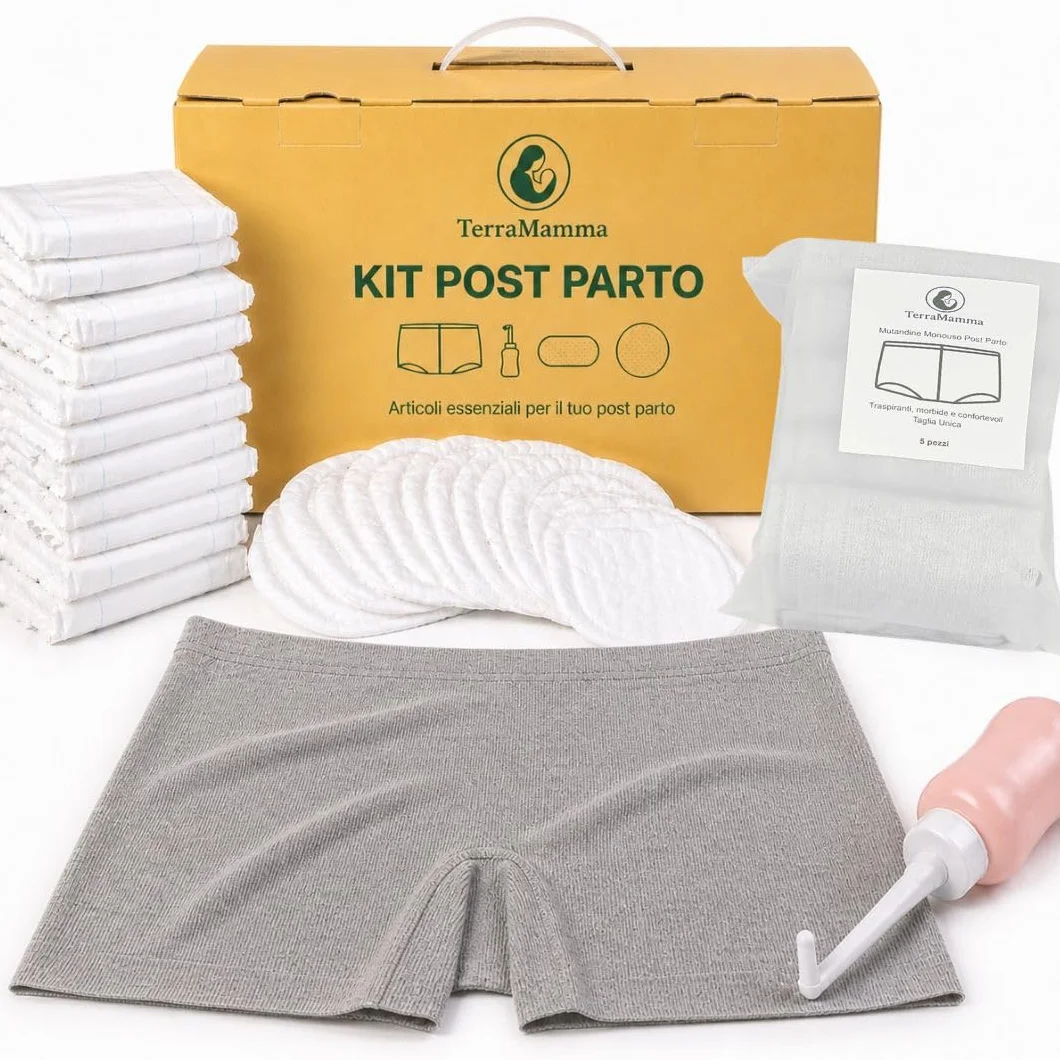 Kit Post Parto TerraMamma – Borsa Ospedale Mamma con Mutandine Monouso, Assorbenti, Coppette Assorbilatte e Bottiglia Perineale | Postpartum Recovery Kit for Mom