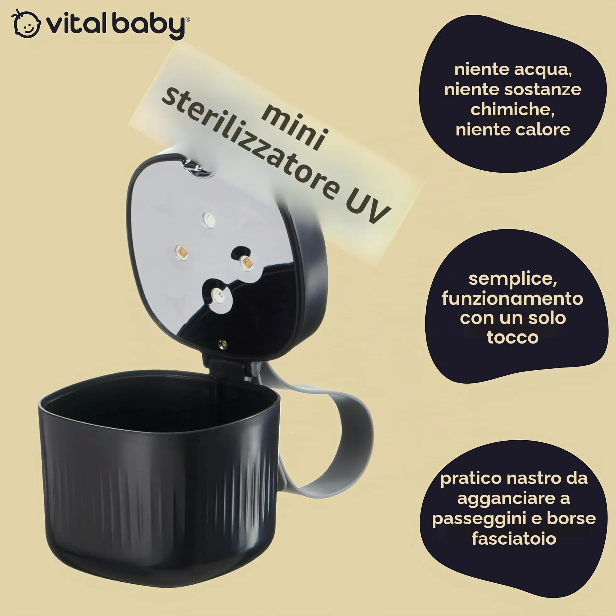 Vital Baby Nurture Mini sterilizzatore UV uccide il 99,99% dei germi in 49 secondi per succhietti, massaggiagengive, accessori portatili, ricaricabili, senza sostanze chimiche, onice nero