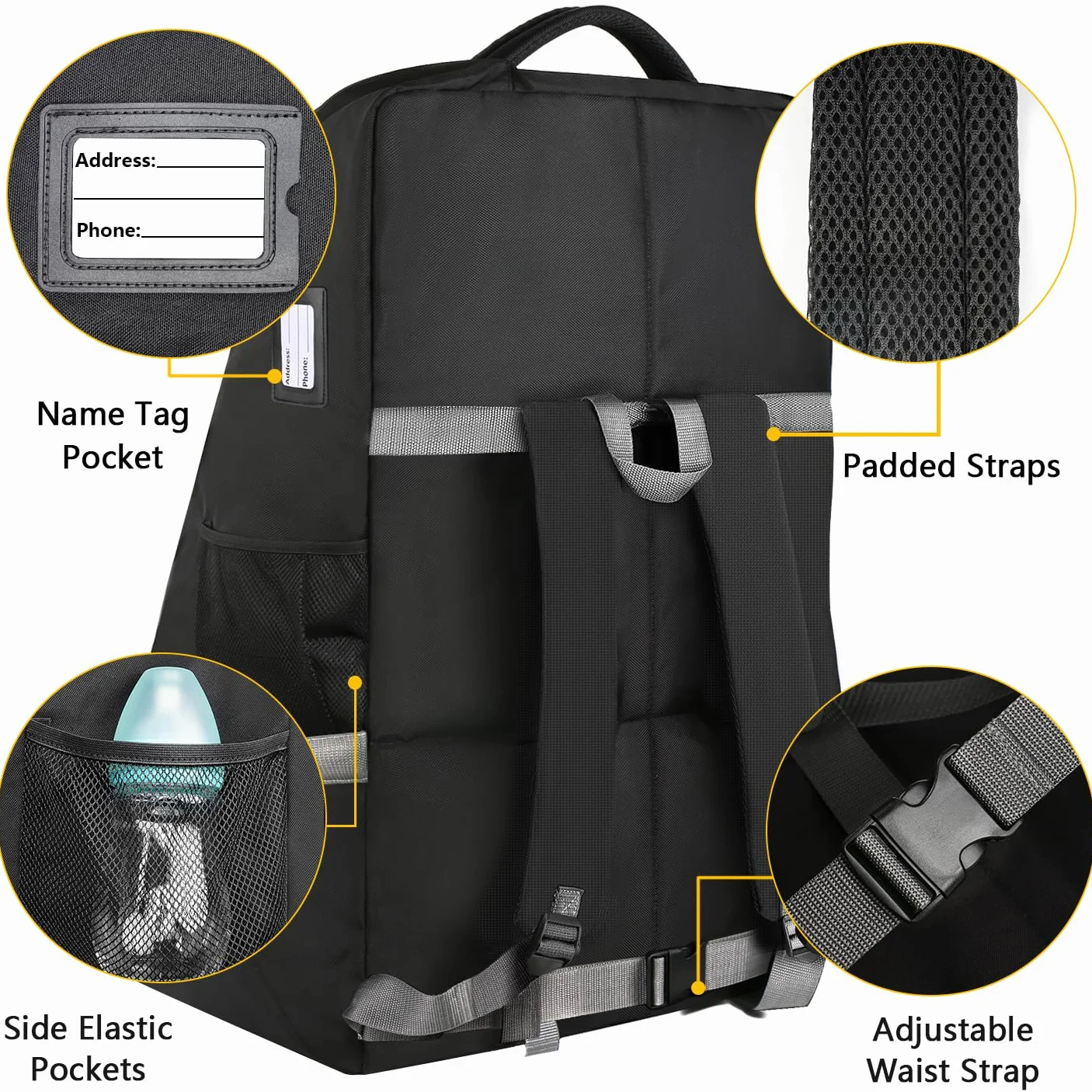 YOREPEK Borsa da Aereo Viaggio per Seggiolino Auto, Adatta Alla Maggior Parte dei Seggiolini Auto, Resistente All'acqua Borsa Da Trasporto Per Carrozzine Con Tracolla, Nero, Kit Siringa Pulisci