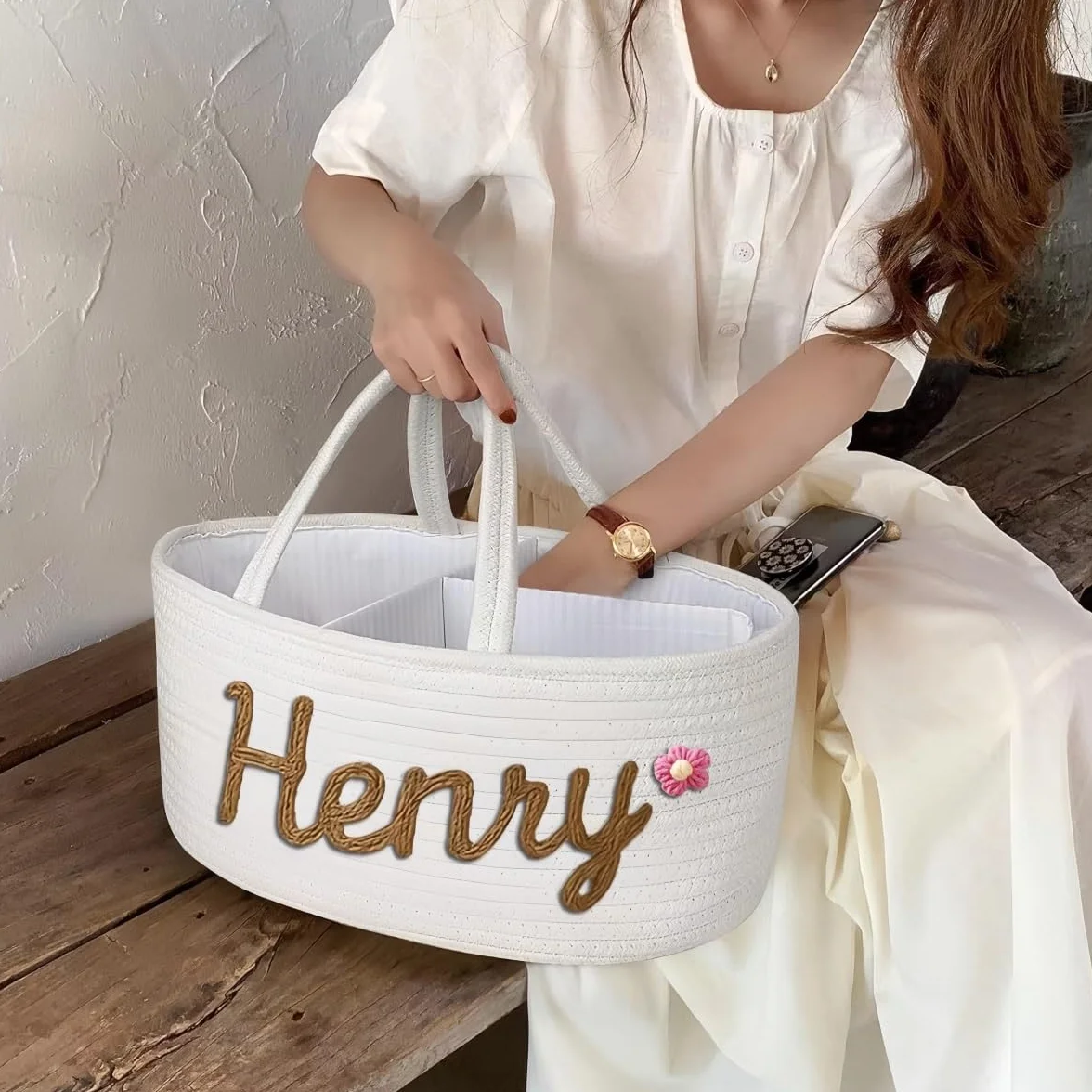Cesto Regalo Personalizzato Per Baby Shower Con Nome, Cestino Portaoggetti Per La Cameretta In Corda Di Cotone Per Organizzare Pannolini, Salviette E Articoli Essenziali Per Neonati(Beige)
