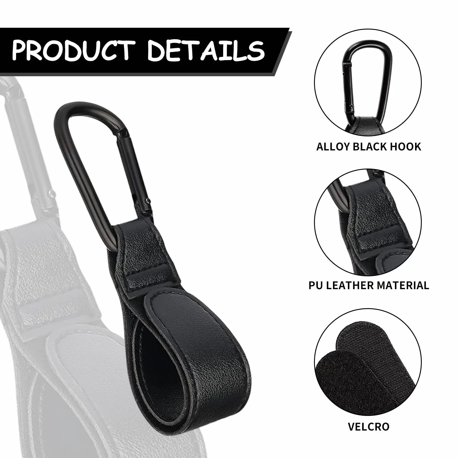 Gancio universale con chiusura in , pelle PU e struttura in alluminio, portata 25 kg per passeggino, sedia a rotelle e bagagli