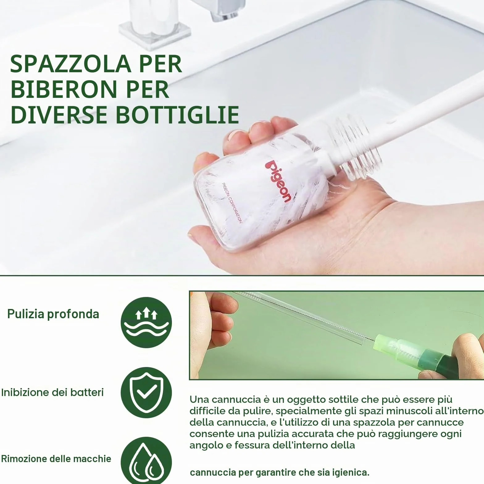 Spazzola per Pulizia Bottiglia D'acqua Multifunzionale 5 in 1 Spazzola per Biberon Spazzola a Manico Lungo con 5 Testine Set Spazzole per Pulizia per Biberon,Bottiglie Termiche,Cannucce (Verde)
