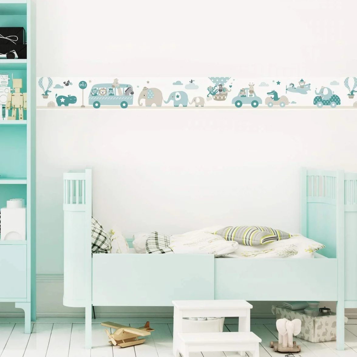 bordo autoadesivo, 450 x 11,5 cm, con motivo di escursione degli animali, beige-menta-turchese