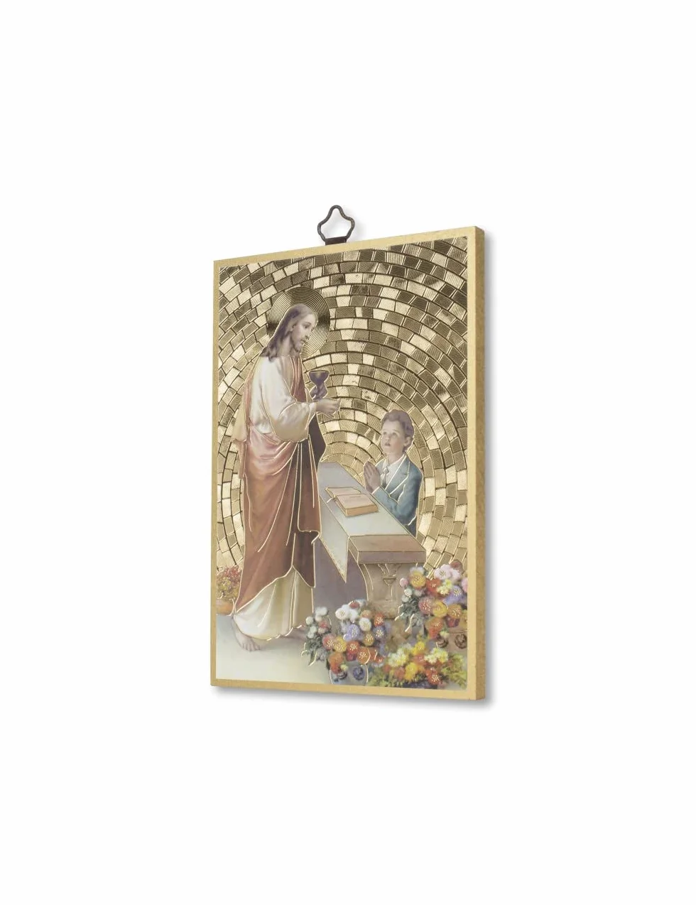 Fratelli Bonella | Quadro Sacro su legno MDF di pioppo 8mm con Mosaico in lamina dorata di un ragazzo che riceve la Prima Comunione con Preghiera sul retro 10 x 15 cm | Made in Italy