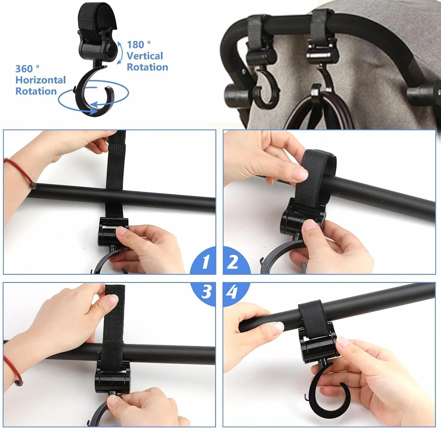 Ganci Passeggino Universali, 4 Pezzi Ganci per Passeggino Rotanti Nero, Ganci per passeggino porta borse,Adatti per Passeggini, Carrelli e Trolley, Facili da Installare e Resistenti