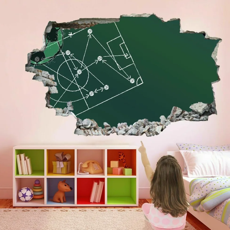 Decalcomanie Da Muro Art Wall Tattoo 3D Fracassato Campo Da Calcio Muro Della Stanza Dell'Autoadesivo Smontabile Della Parete Gli Sport Per Bambini Con Tatuaggio Adesivo Murale Bedroom Decor