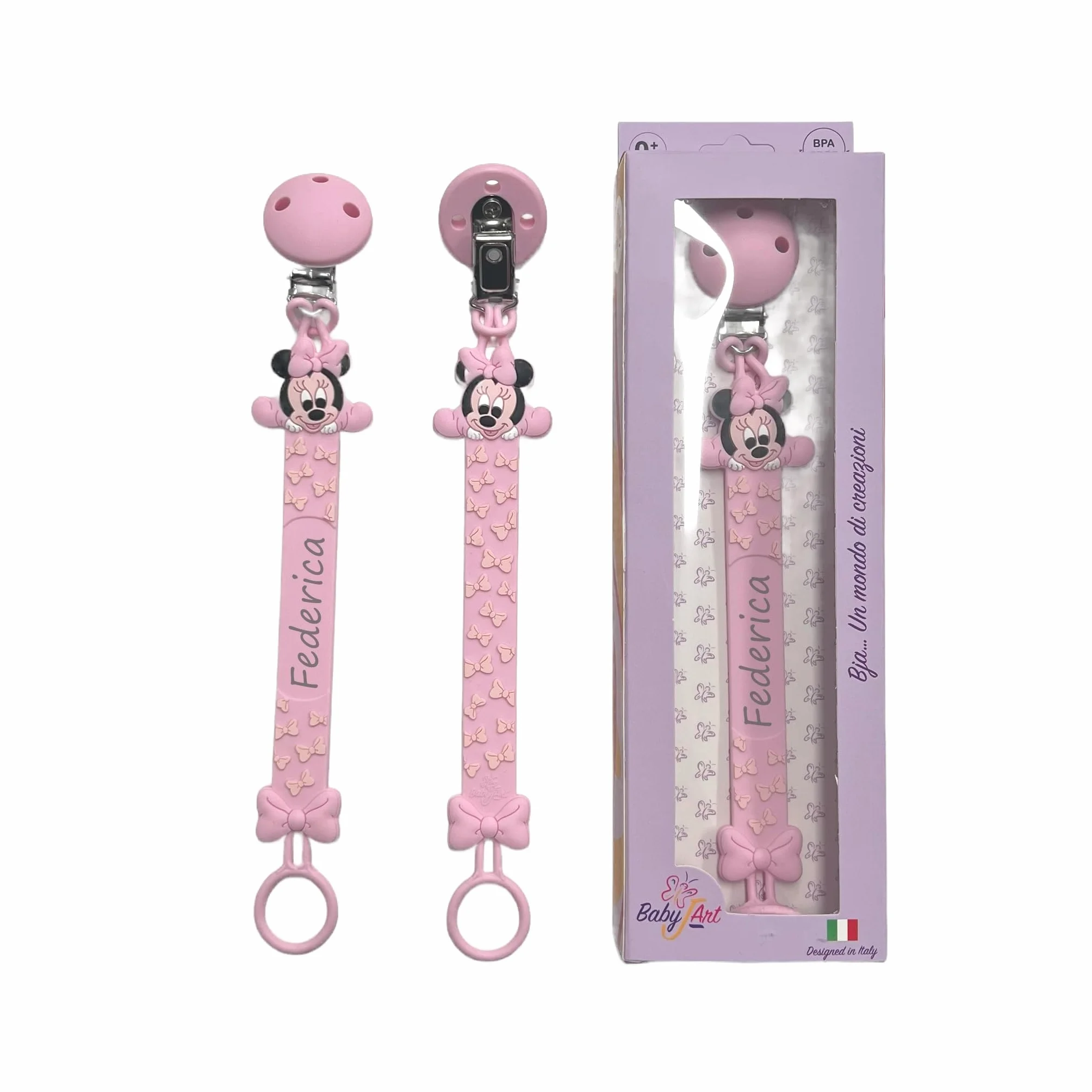 NOVITÁ Fettuccia IN SILICONE, Catenella portaciuccio personalizzata con nome FLAT BABYJART, lavabile, sicura per il bambino, compatibile con ciuccio MAM e CHICCO! (Minnie Rosa Pastello)