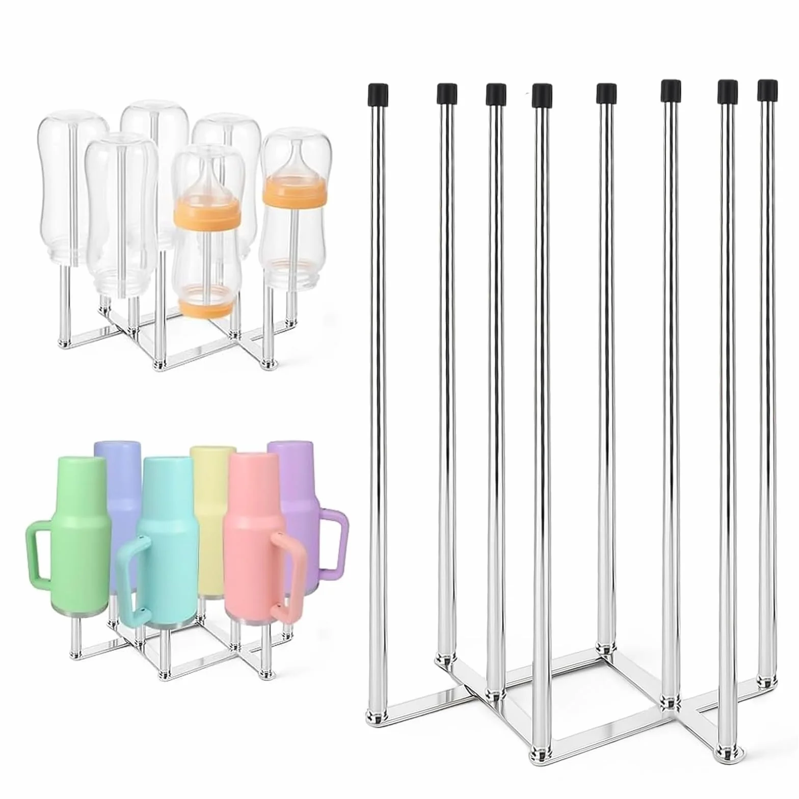 Scola Scolabottiglie e Borracce, Supporto per Asciugatura in Acciaio Inossidabile 304 con 8 Aste e Cappucci in Silicone, Base Pieghevole, Porta Bottiglie e Porta Biberon Multiuso