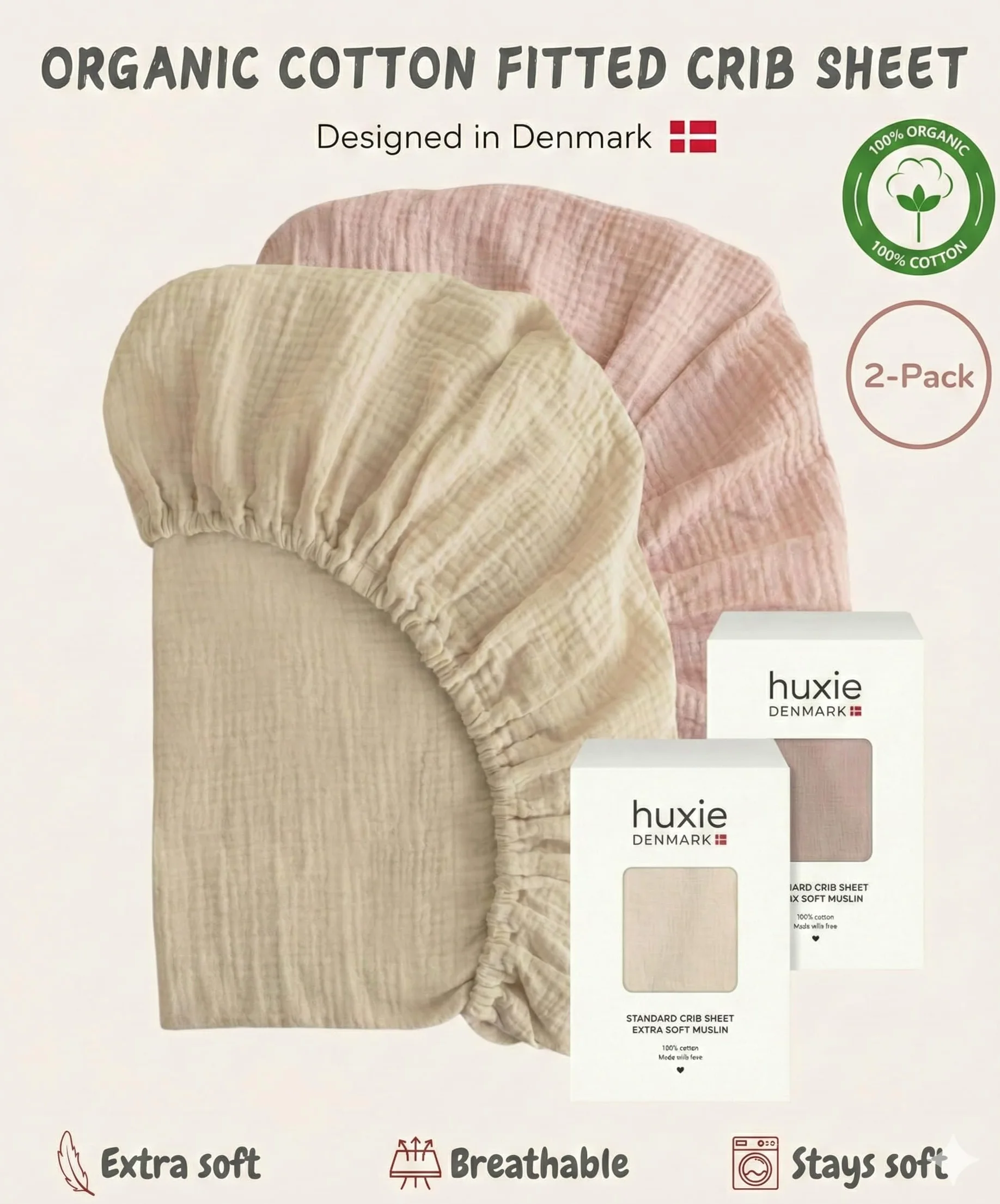 Danimarca - Lenzuola con angoli per culla in mussola super morbida, per ragazzi e ragazze, dimensioni standard per materasso per culla da 71 x 132 cm, 100% cotone biologico per il massimo
