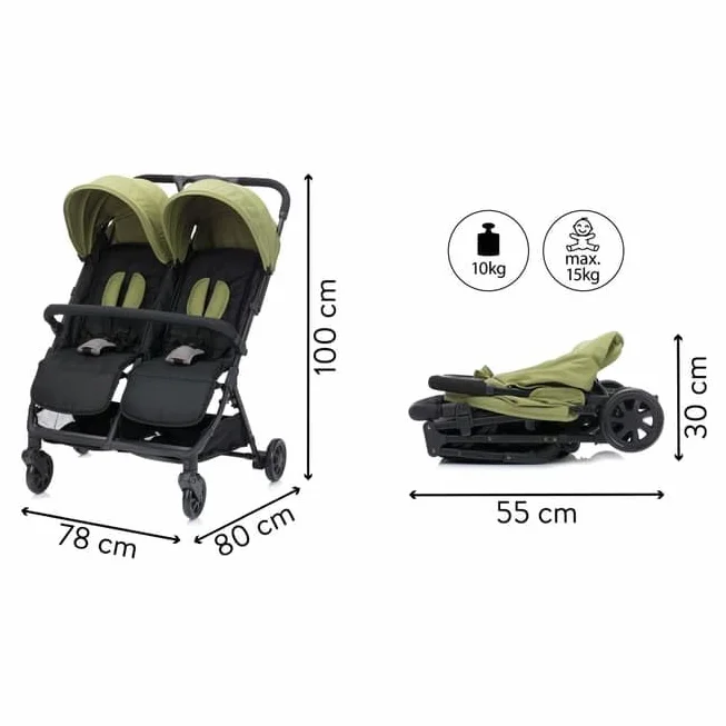 Fillikid Passeggino gemellare e fratelli gemelli – solo 10,2 kg e 78 cm di spessore, con posizione sdraiata, sedili regolabili indipendentemente, cintura a 5 punti e sospensioni – portata fino a 30 kg