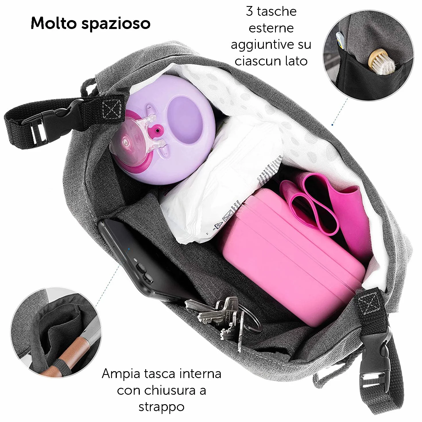 Zamboo Borsa Passeggino Universale - Borsa Organizer Passeggino con Ganci per Maniglione - Borsa Carrozzina Neonato - Grigio Nero