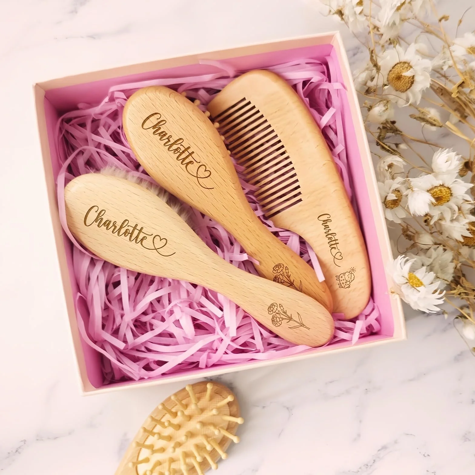 Set Personalizzato Di Spazzola E Pettine Per Bambini, Spazzola In Lana, Pettine In Legno Con Nome E Icona Incisi, Accessori Per Il Bagnetto, Regali Per Neonati