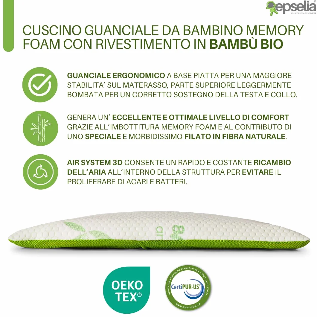 EPSELIA Cuscino Lettino per Bambini Memory Foam in BAMBU' BIO cm 60x40 H6 Antisoffoco Ergonomico, Anallergico e Traspirante tessuto Air 3D, Cuscino Asilo o Viaggio Sfoderabile, CertiPUR™ OEKO-TEX®