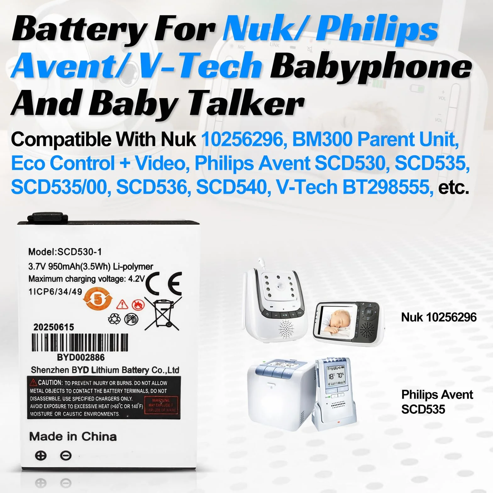 Batteria compatibile con Nuk Babyphone,Philips Avent, V-Tech Babytalker. Sostituisce i modelli: Nuk 10256296,BM300,Eco Control + Video,Philips Avent SCD530,SCD535,SCD536,SCD540,V-Tech BT298555 ecc.