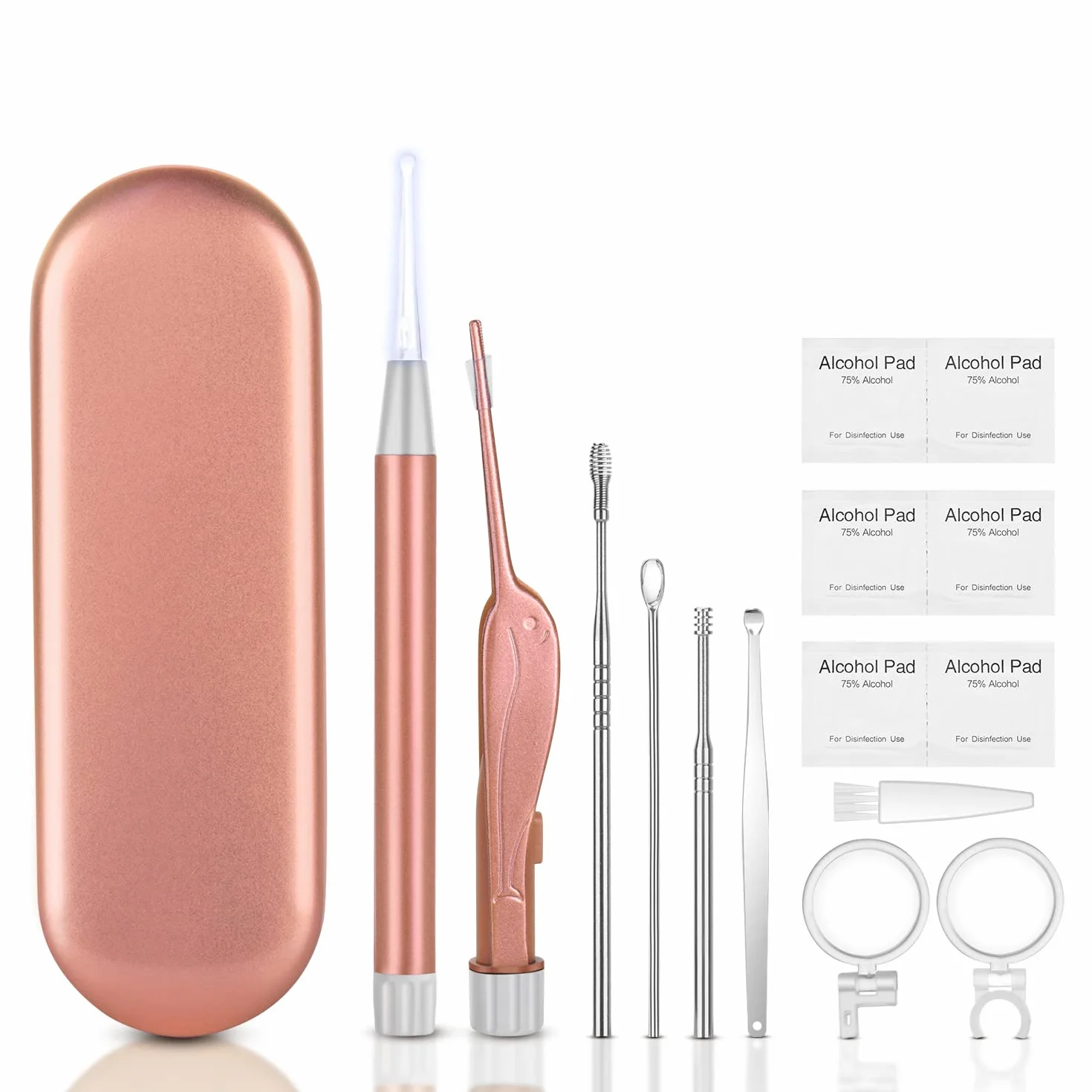 Vicloon Pulisci Orecchie, 15 Pezzi Kit Rimozione Cerume, Strumenti per Pulizia Dell’Orecchio con LED, 2 Lente D'ingrandimento e 6 Tamponi, Con Scatola Portaoggetti, Adatto per Adulti e Bambini