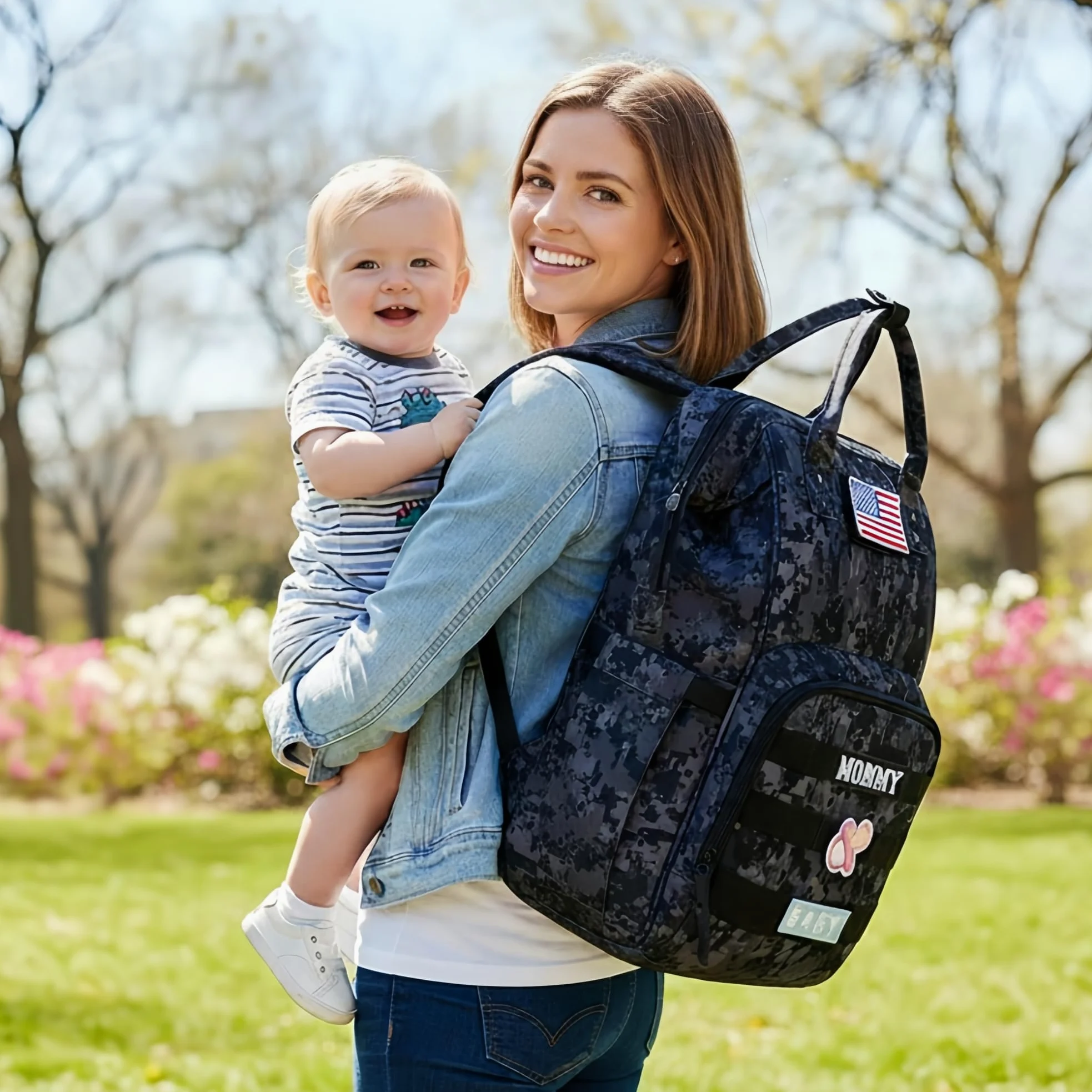 Zaino per pannolini con porta di ricarica USB e tasca isolata, zaino tattico militare da viaggio per papà e mamma (adesivo mimetico nero), nero mimetico, Large, Borse per pannolini