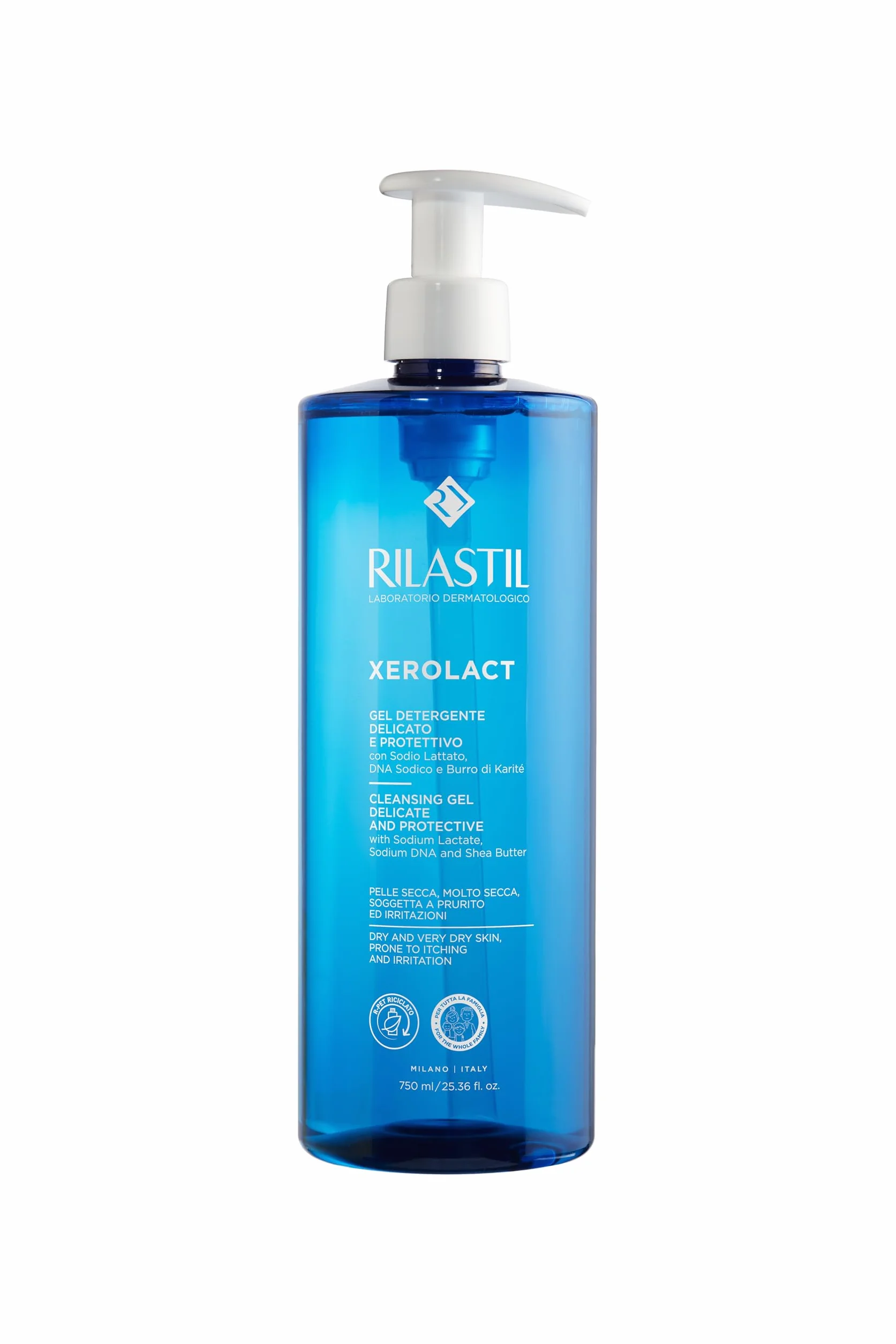 Rilastil Xerolact Gel Detergente per Neonati, Bambini e Adulti, Delicato e Protettivo per le Pelli con Tendenza Atopica, Confezione da 750ml