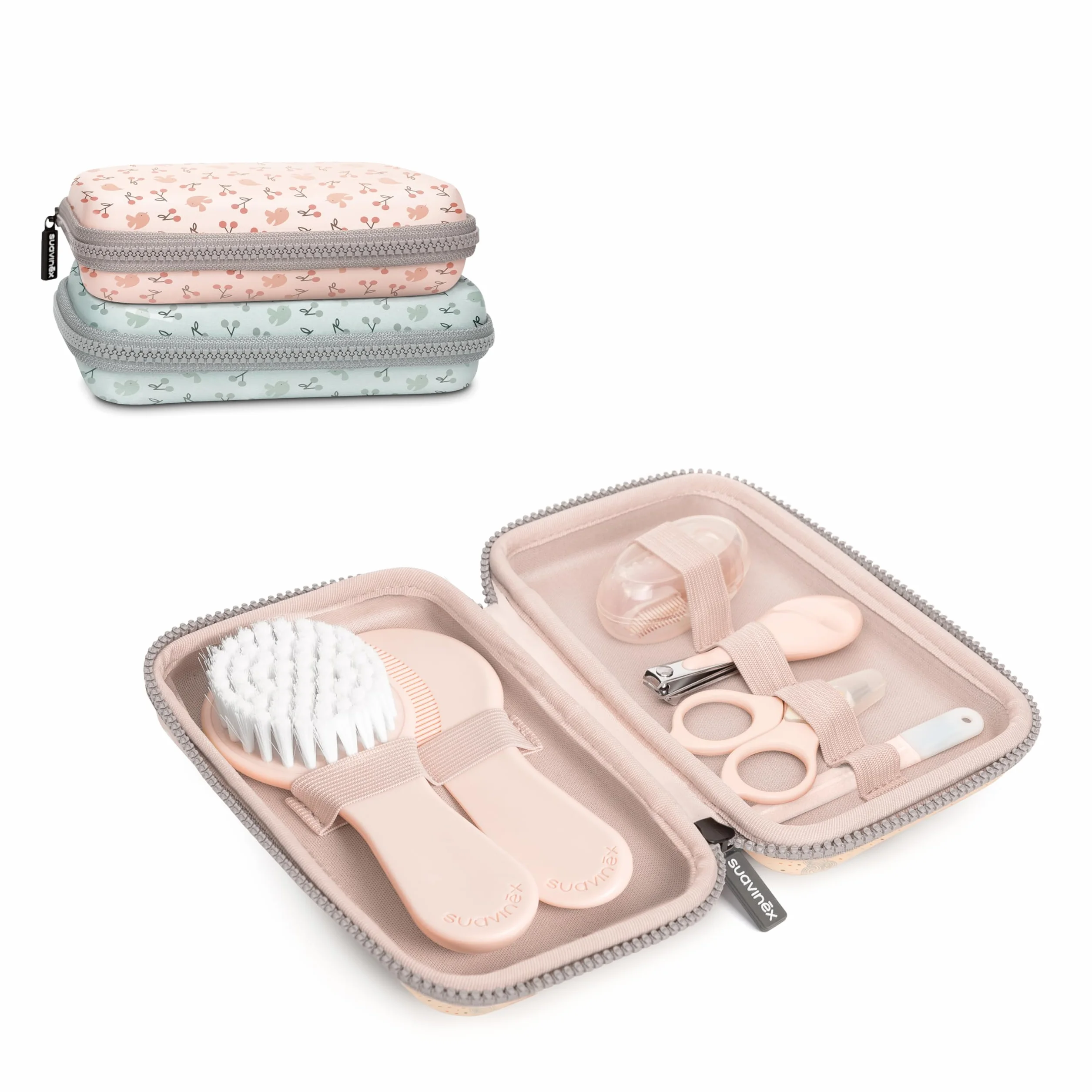Suavinex, Set manicure per bambini, +0M, con spazzola, pettine, spazzolino da denti con ditale in silicone, forbici, lima e tagliaunghie, Beauty case impermeabile con cerniera