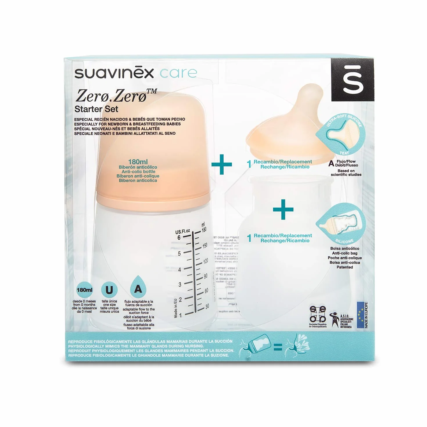 Suavinex Kit Allattamento Biberon Anticolica Con Tettarella Flusso Adattabile, Ricambio Tettarella e Ricambio Sacchetto Anticolica, Pelle, 1 Unità, Confezione Da 1