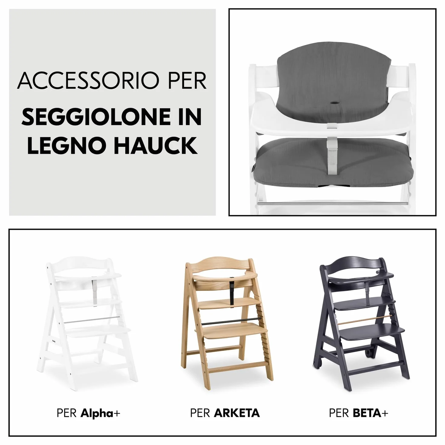 hauck Highchair Pad Select, Grigio Scuro Mussola - Cuscino per Bambini 6 - 36 Mesi - Accessorio Compatibile con Seggiolone Pappa Alpha+, Beta+ e Arketa - Antiscivolo e Imbottitura Soffice