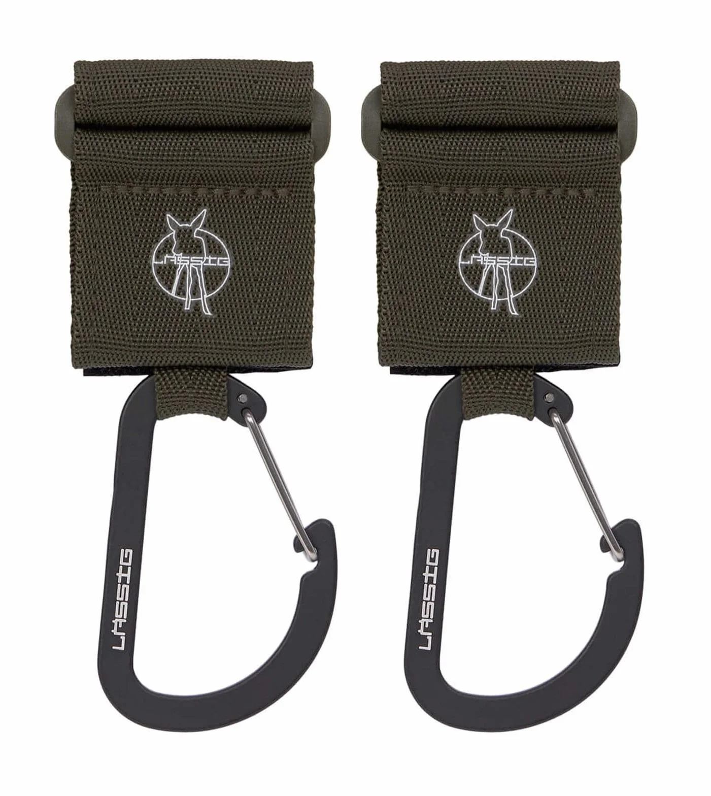 LÄSSIG Attacco per passeggino (2 pezzi) Gancio in velcro moschettone Gancio per passeggino Gancio per la spesa in metallo/Stroller Hooks with Carabiner olive