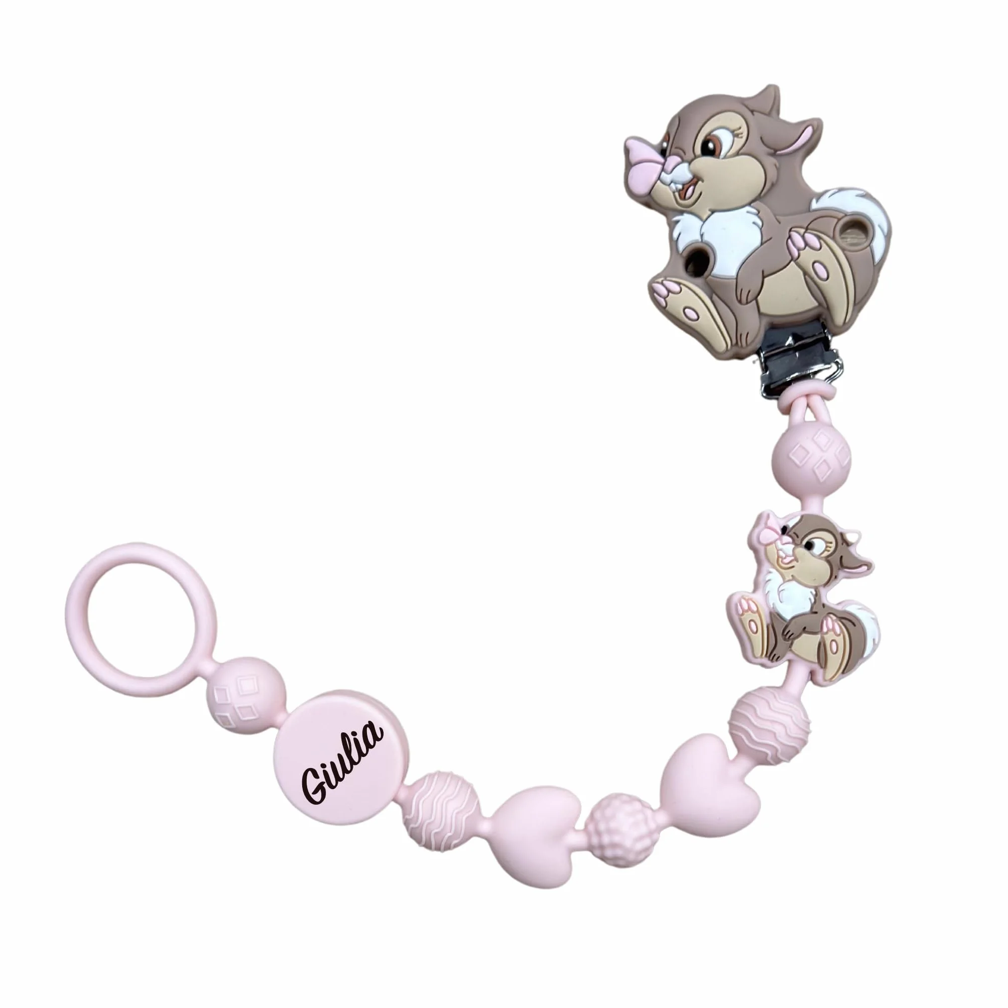 Catenella Portaciuccio in Silicone Personalizzata con Nome – Modello Bubble Charm – Clip Sicura – Idea Regalo Nascita - Coniglietta - Ultra leggera