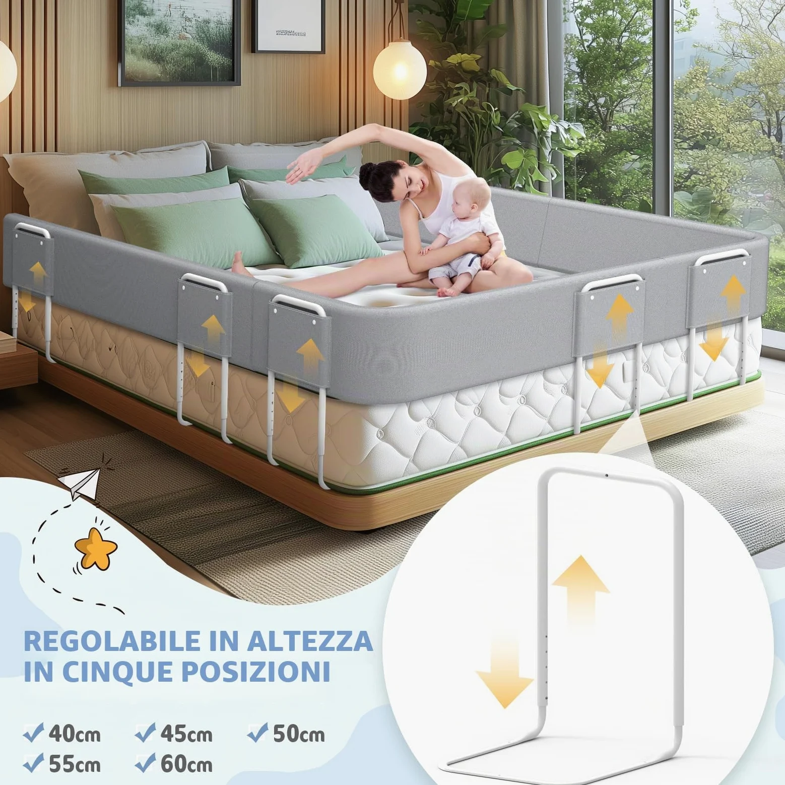 Sponde per letto bambini – Barriera letto sicurezza per bambini, protezione per letto matrimoniale e lettino, altezza regolabile 40-60 cm, rimovibile, portatile, grigio, 200cm