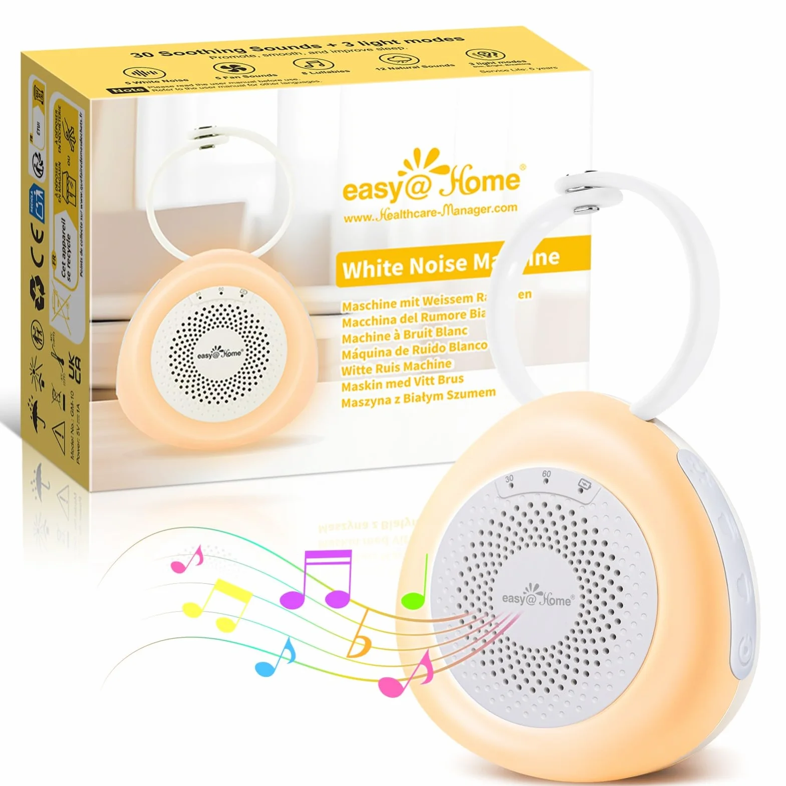 Easy@Home Macchina per Rumori Bianchi Portatile con 30 Suoni Rilassanti, Timer Automatico e Luce Notturna | Ideale per Neonati e Adulti, Generatore di Rumore Bianco per Dormire e Rilassarsi