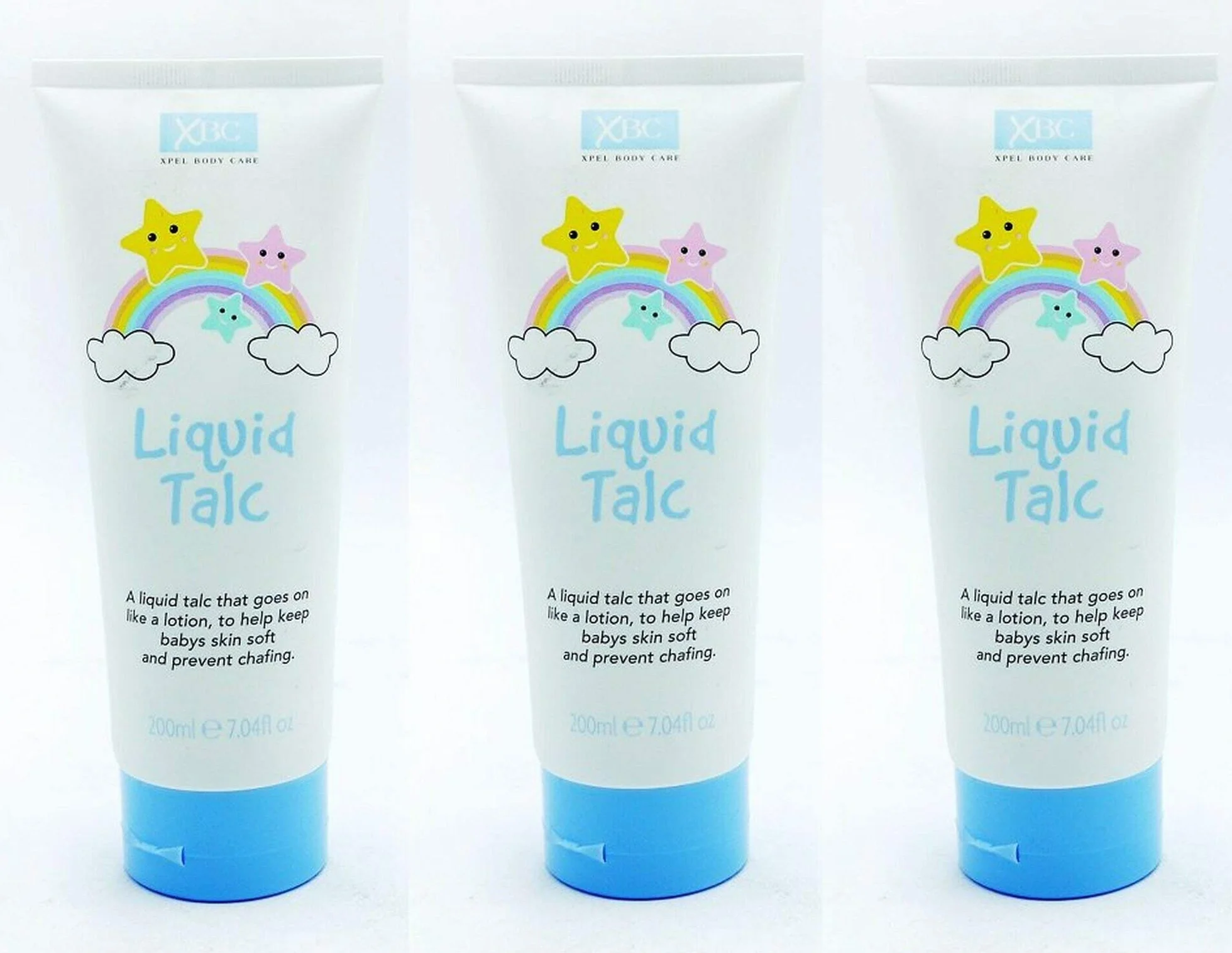 XBC Pacchetto talco liquido - 3 tubi da 200 g. Un talco liquido che agisce come una lozione. Mantiene la pelle del bambino morbida e previene gli sfregamenti
