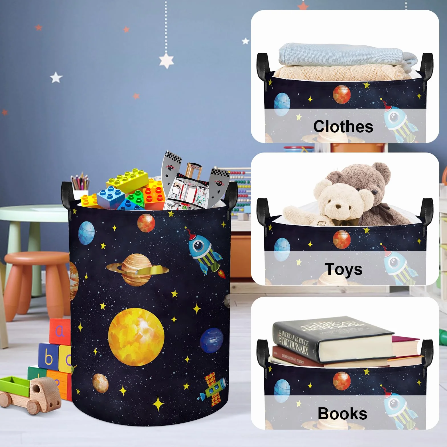 Clastyle Cesto Portabiancheria Spazio Cestino Portaoggetti Cosmico Cesta Biancheria Genitori per Organizzare Giocattoli Vestiti, Pianeta, 36x45 cm