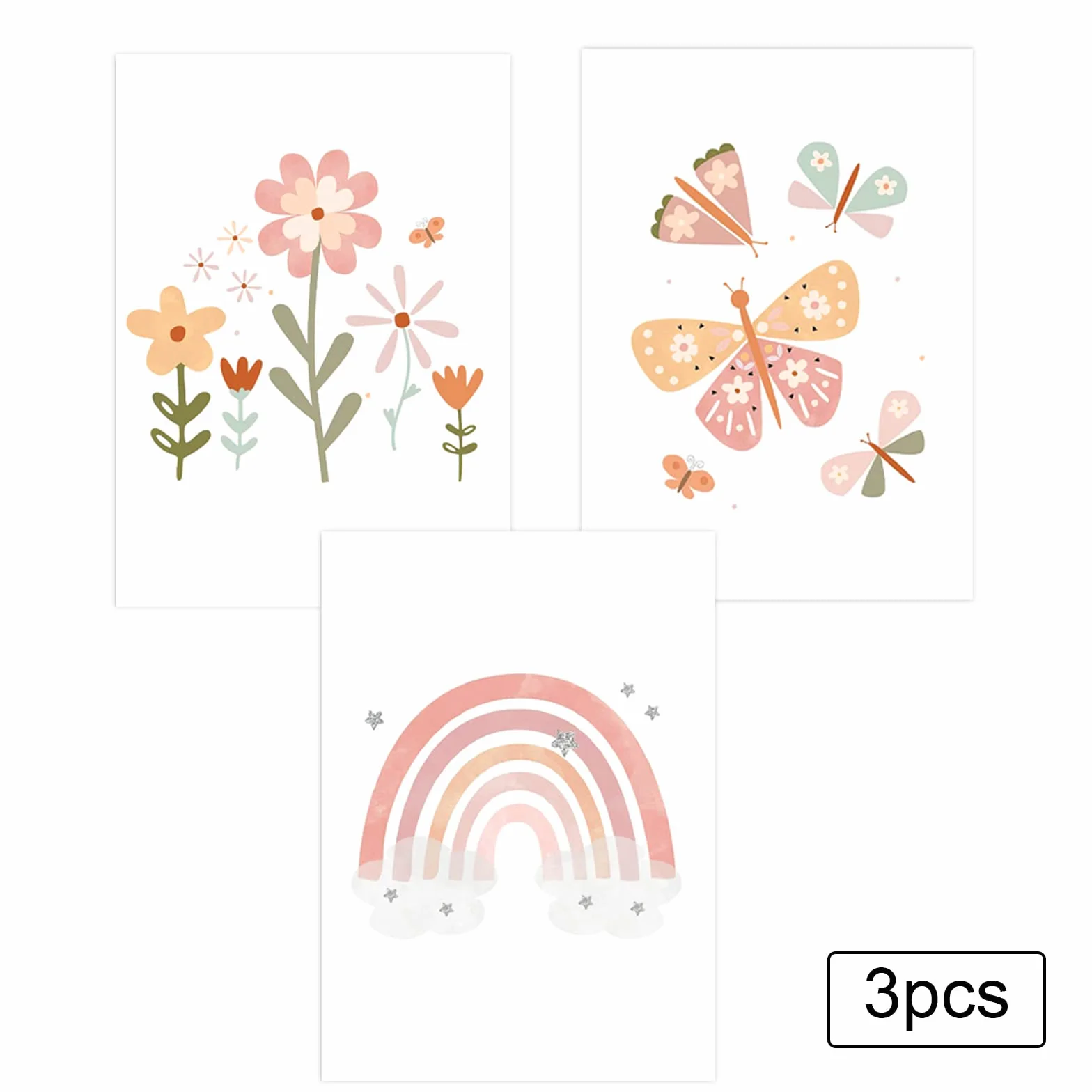 Encuryna Set di 3 Poster Decorativi per Cameretta dei Bambini, Motivo Arcobaleno/Fiore/Farfalla, Senza Cornice, Soggiorno, Camera da letto, Decorazione da Parete per Ragazzi Ragazze (30 x 40cm)