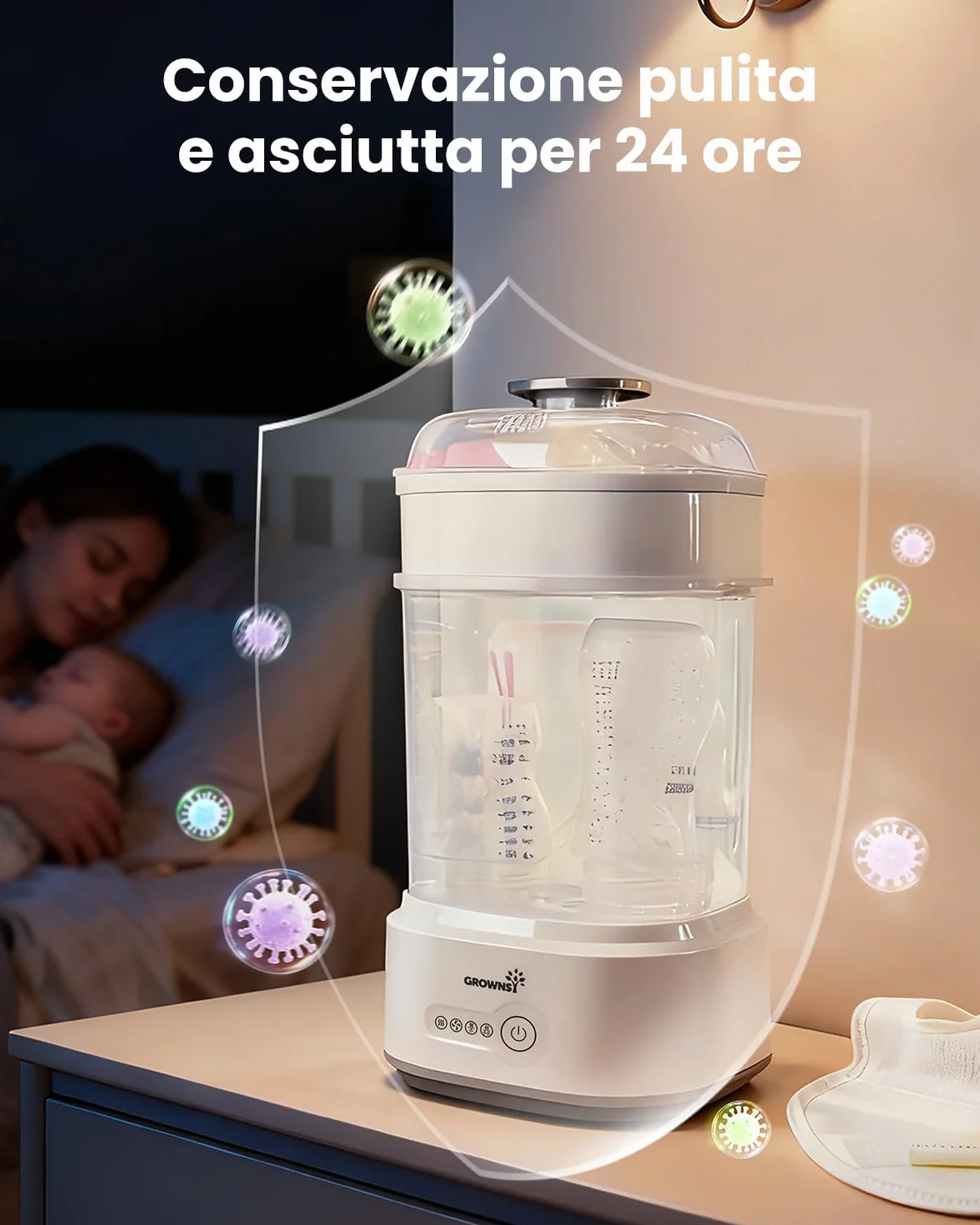 Grownsy Sterilizzatore Biberon con Asciugatura, Sterilizzatore Elettrico a Vapore Compatto per Biberon, Ciucci, Parti del Tiralatte
