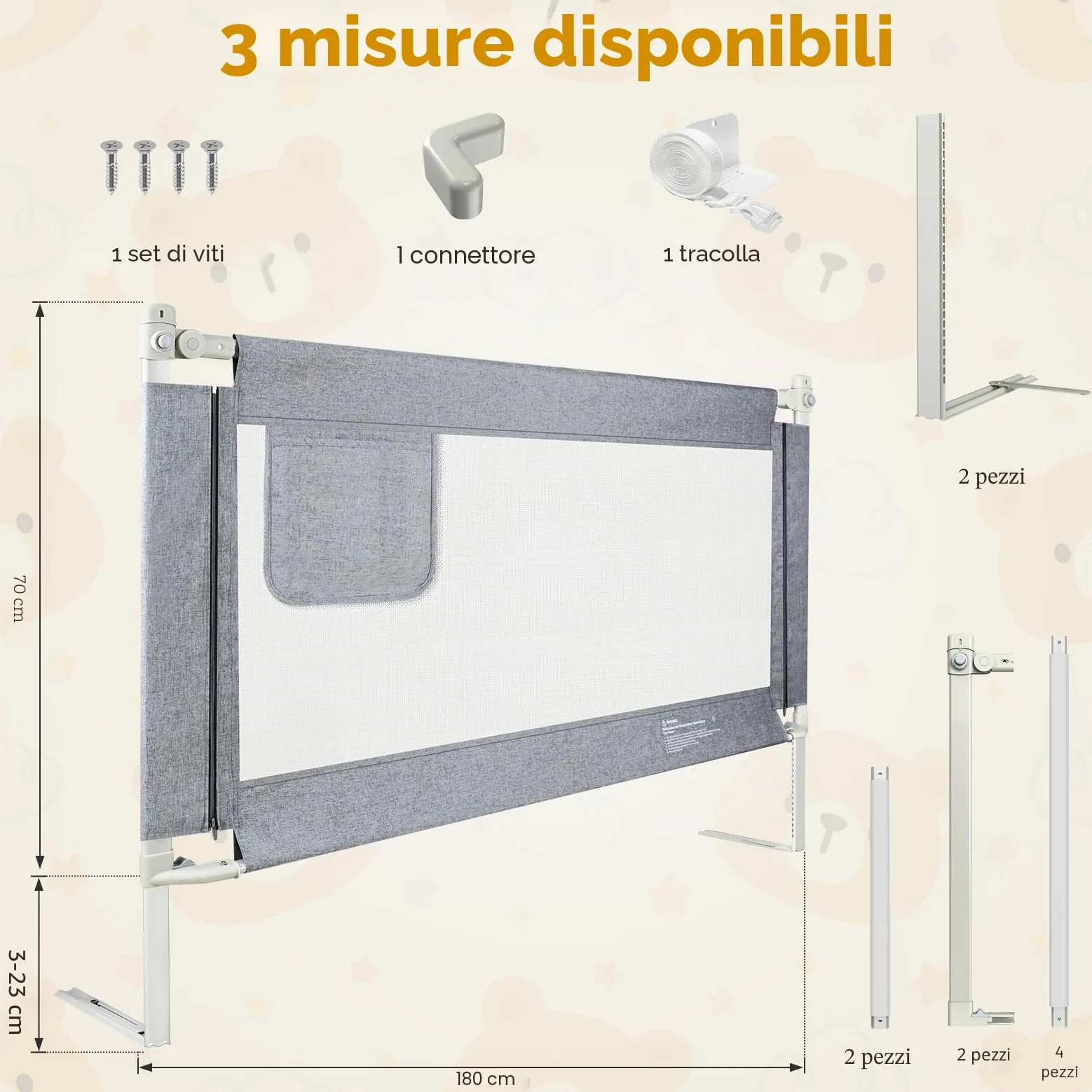 Sponde Letto Bambini，Barriera Letto Bambini，Sponda di Sicurezza per Bambini con Doppio Blocco di Sicurezza per Bambini, Altezza Regolabile，protezione da caduta，1PCS(Grigio) 180cm