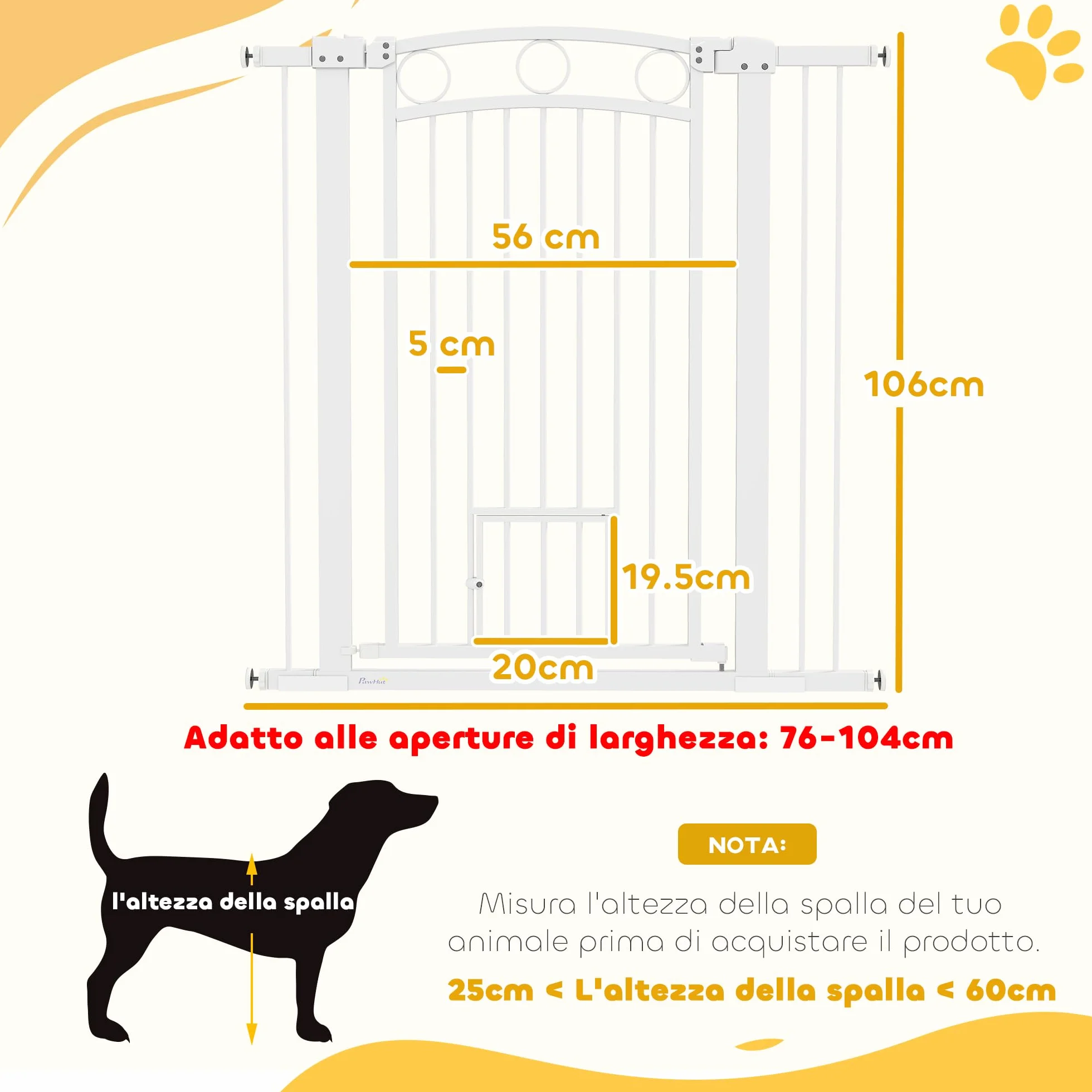 PawHut Cancelletto per Cani da Interno, Cancelletto di Sicurezza con 2 Estensioni 76-104 cm e Porta per Gatti, Cancello per Cani Animali Domestici Alto 106 cm per Corridoio e Scale, Bianco