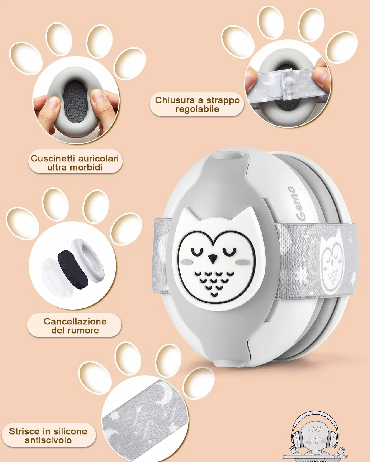 Lilian&Gema 2 in 1 Cuffie Neonato Antirumore -25dB,Protettori acustici per neonati, archetto regolabile, antiscivolo e antistress, protezione acustica ideale per neonati fino a 48 mesi