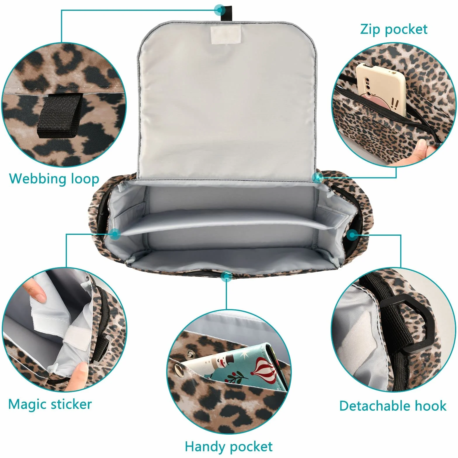 Borsa organizer per passeggino con stampa leopardata, universale, con 2 portabicchieri, cinghie regolabili e gancio per passeggino, adatta per biberon, pannolini, telefono, giocattoli