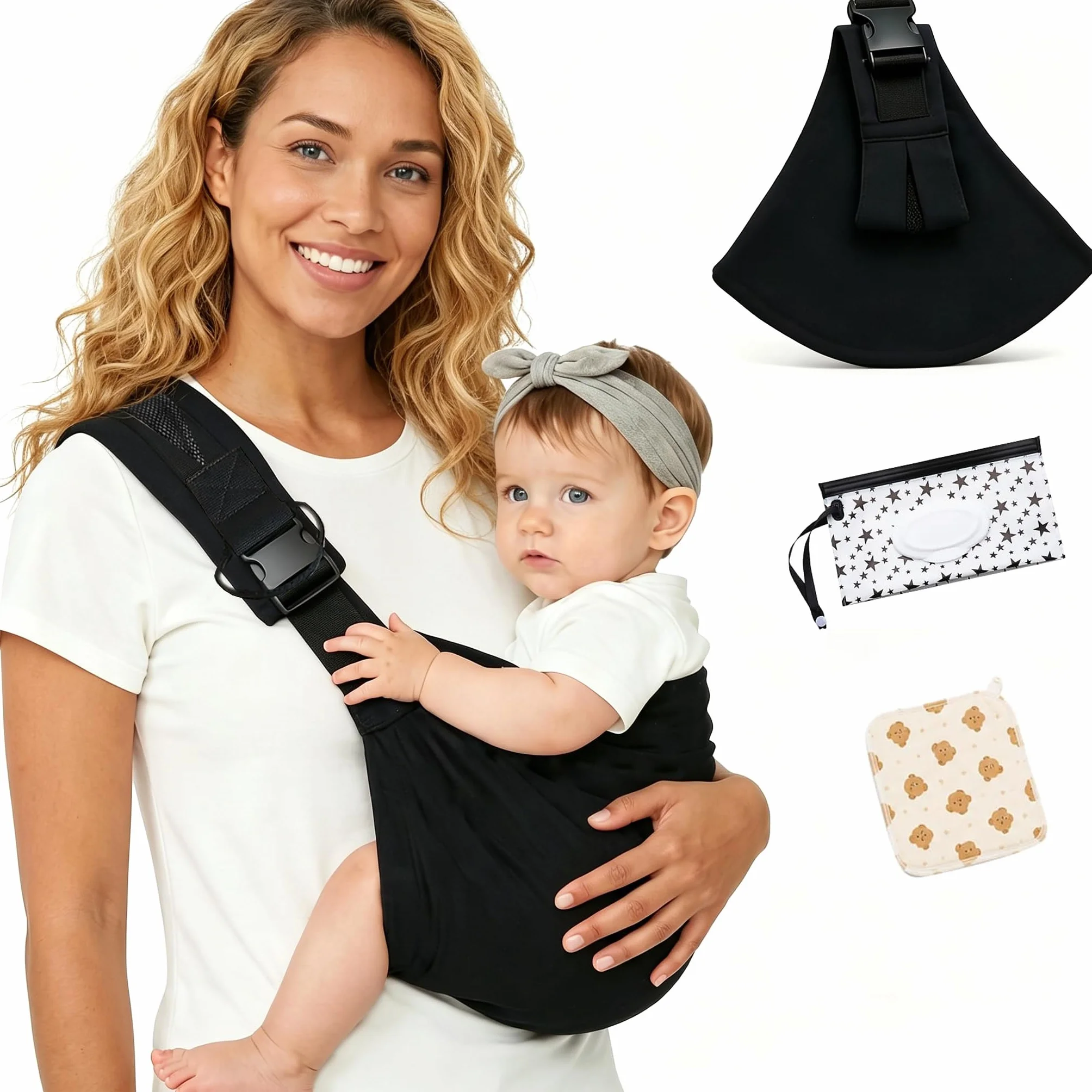 Fascia portabebè regolabile | Regolabile davanti e dietro, fascia a anello,comodo portabebè per bambini, fascia portabebè per neonati (da 6 mesi a 3 anni) (Coton bianco nero)